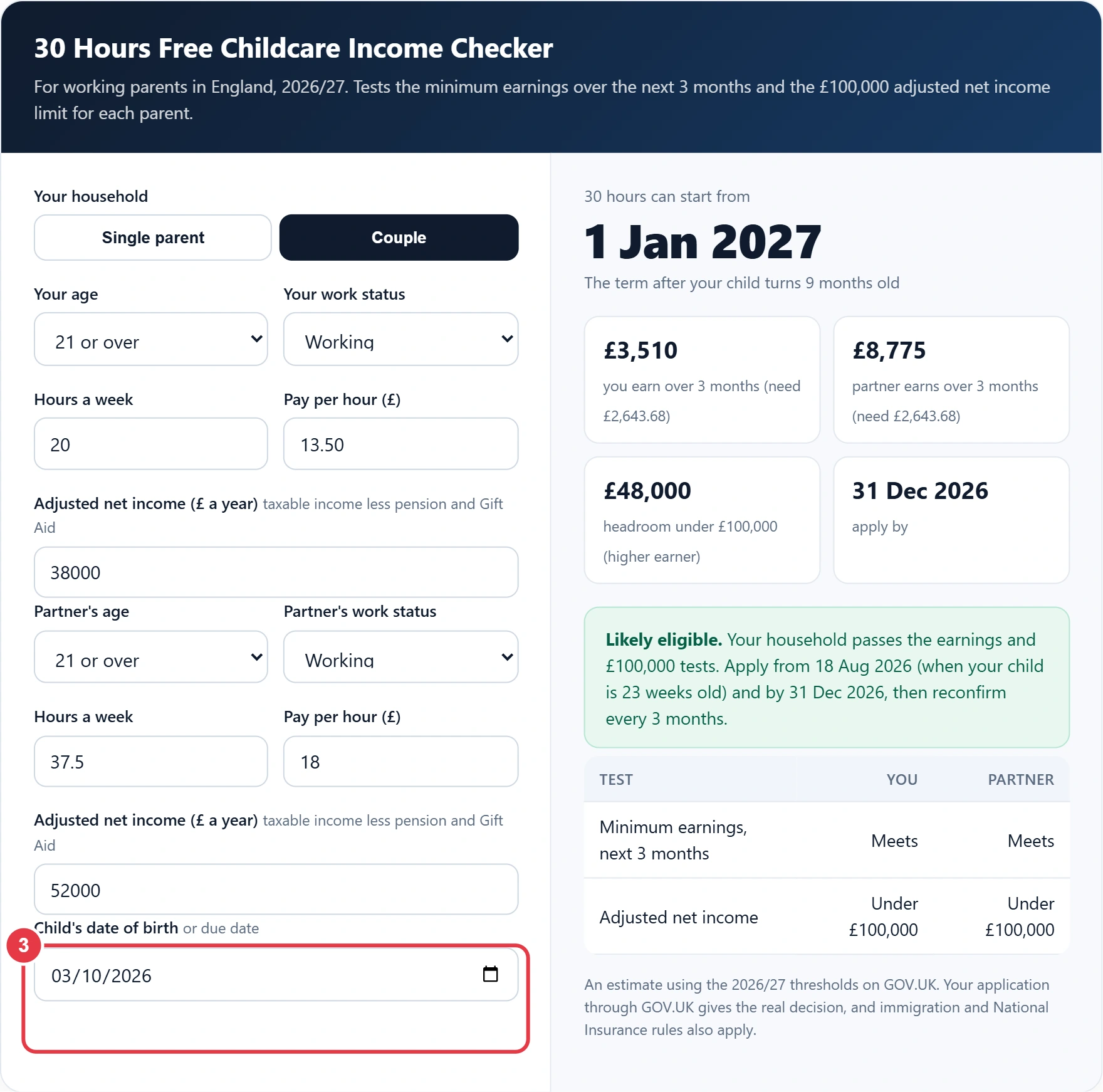 Step 3: enter your child's date of birth