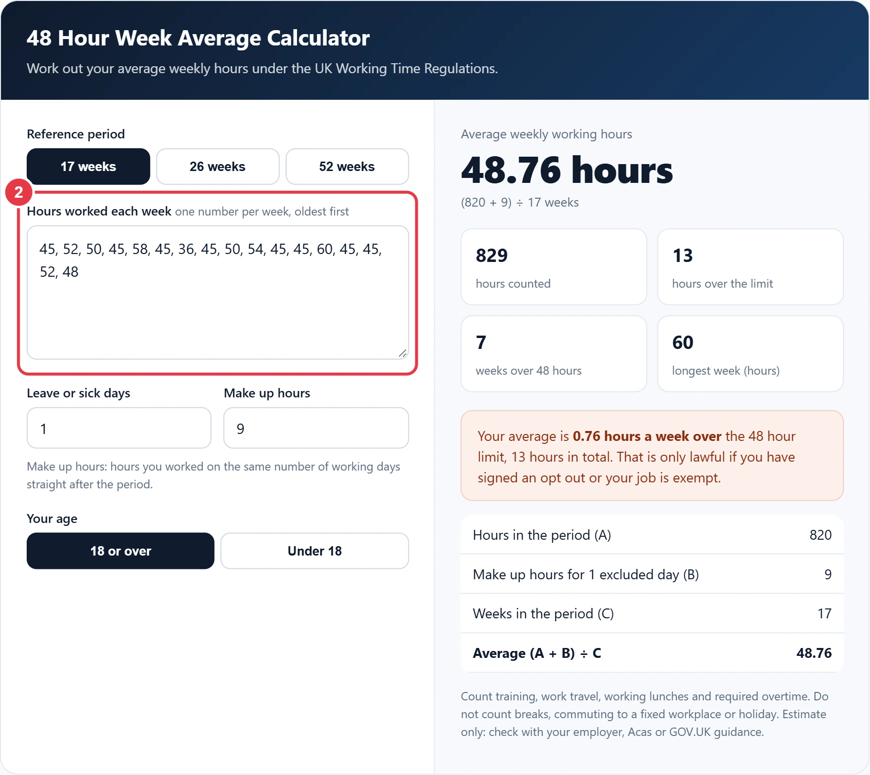 Step 2: enter the hours worked in each week