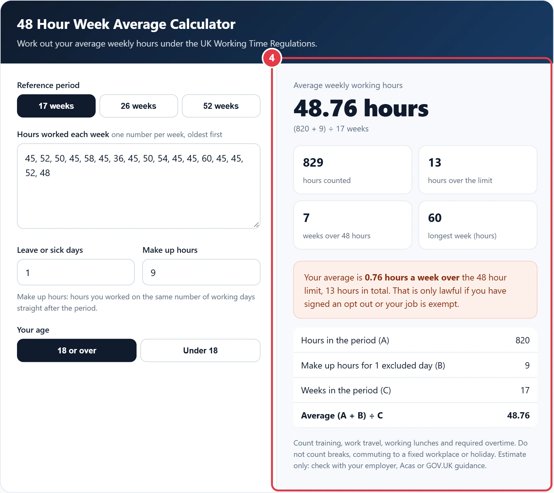 Step 4: read the average weekly hours and headroom against the 48 hour limit