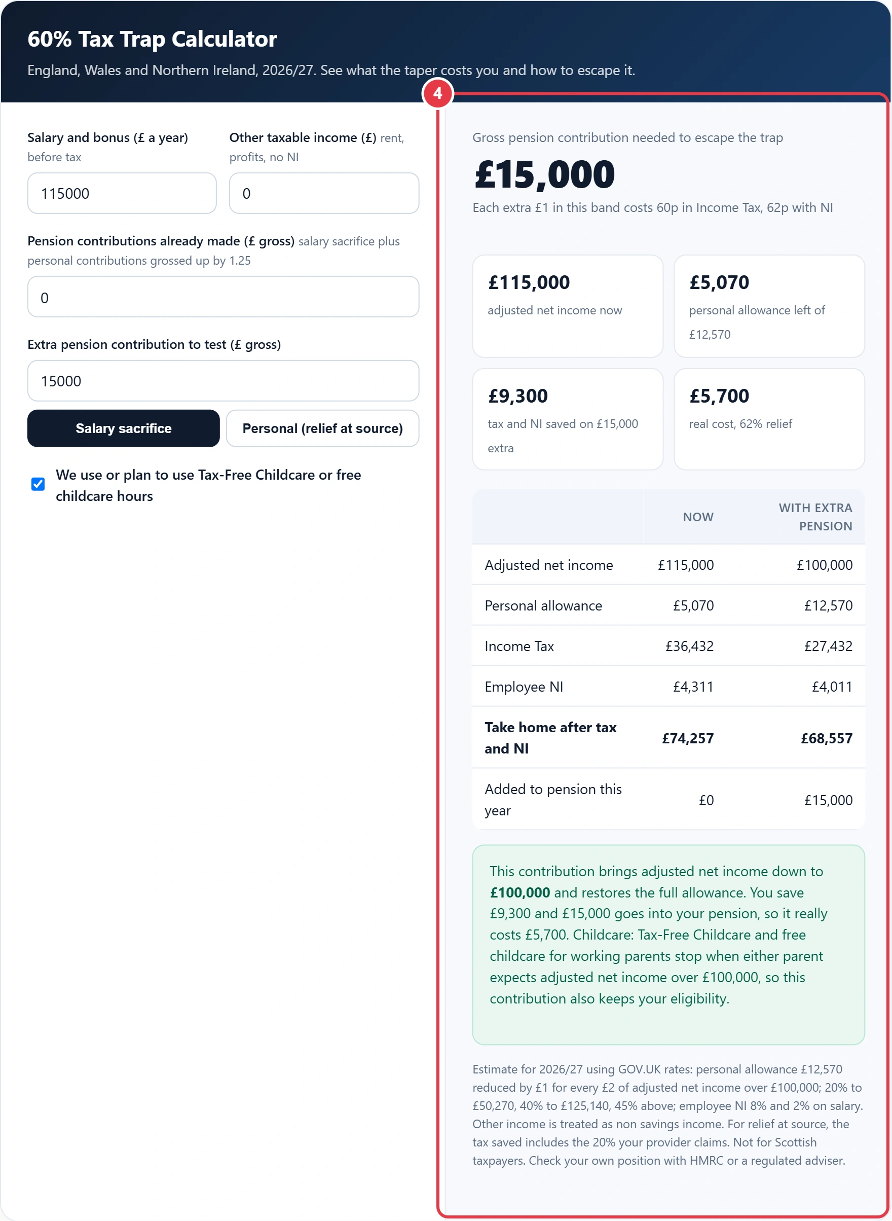 Step 4: read the escape amount, tax and NI saved and real cost