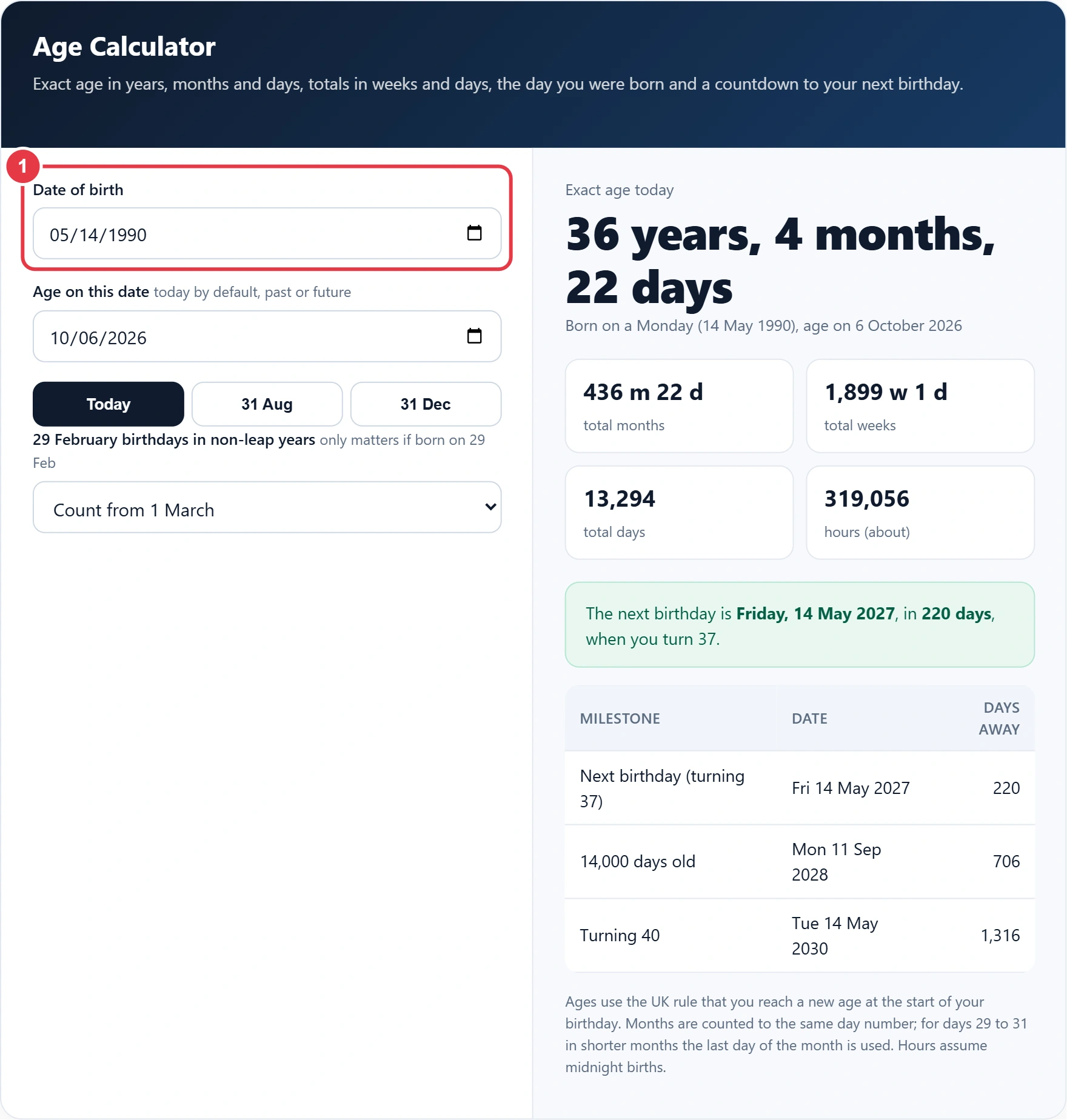 Step 1: enter the date of birth