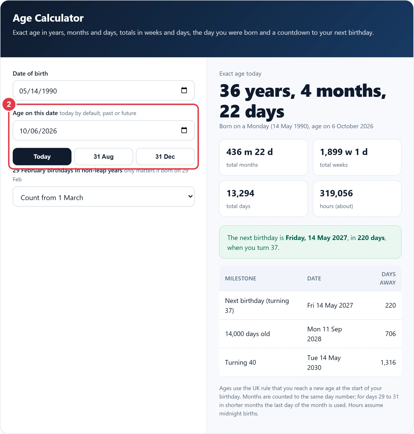 Step 2: choose the date to measure the age on