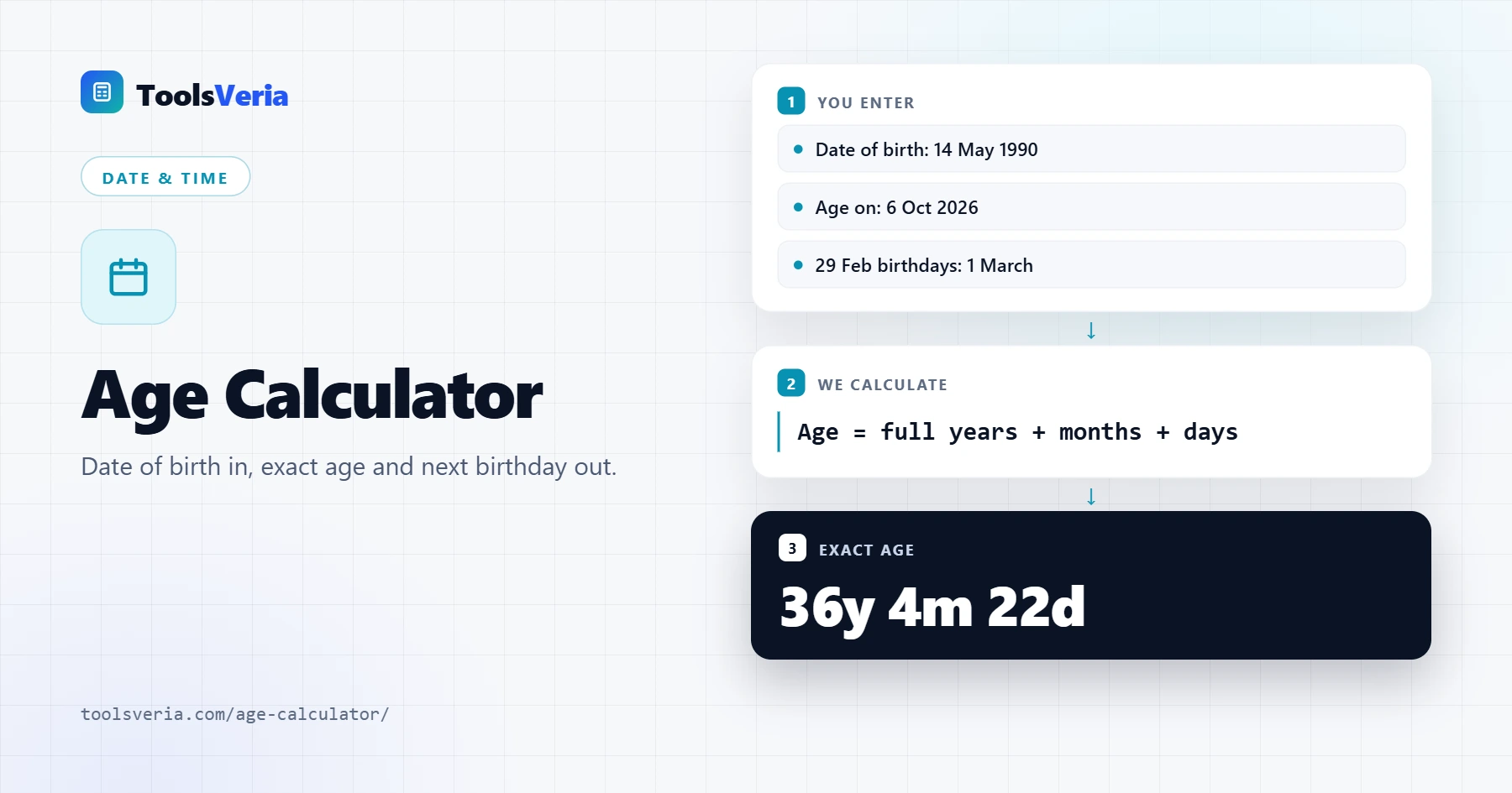 Age calculator showing exact age in years, months and days with next birthday countdown