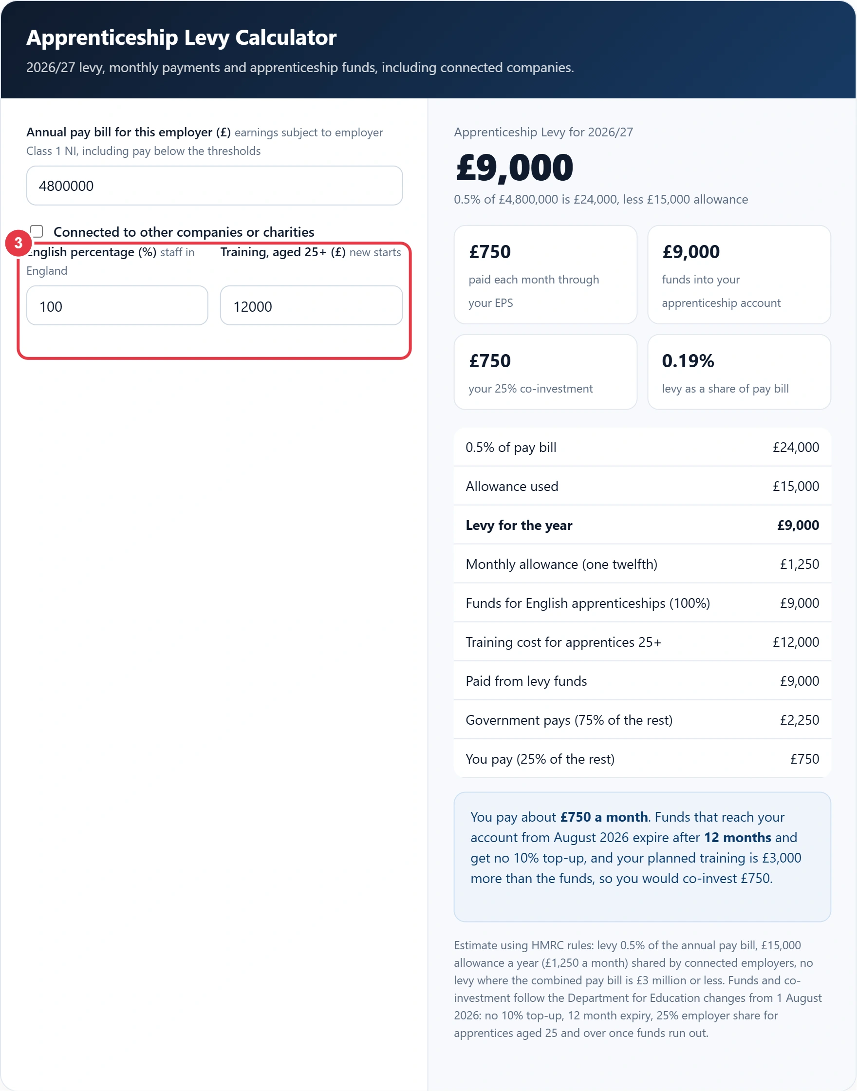 Step 3: enter the English percentage and planned training for apprentices aged 25 and over
