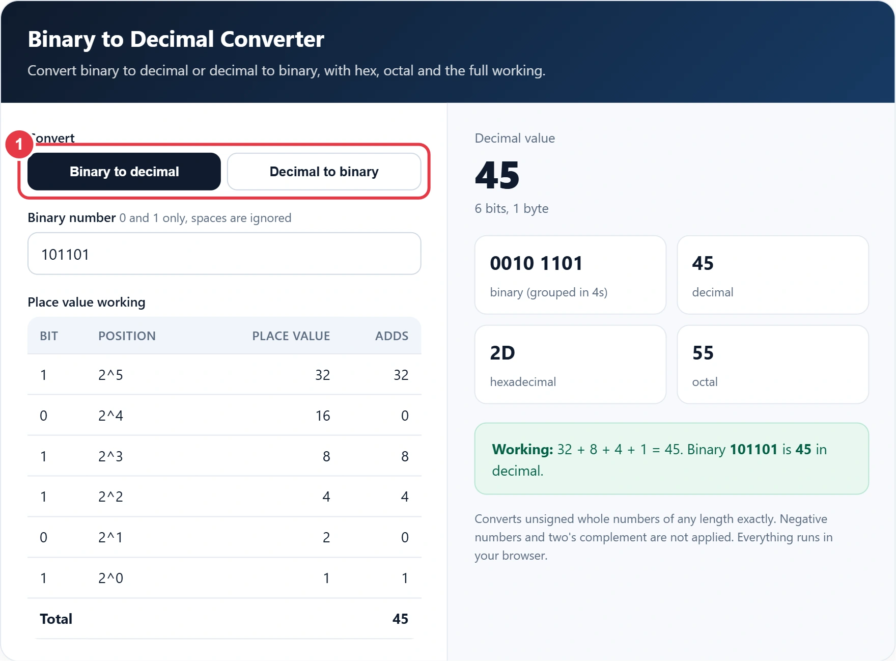 Step 1: choose binary to decimal or decimal to binary