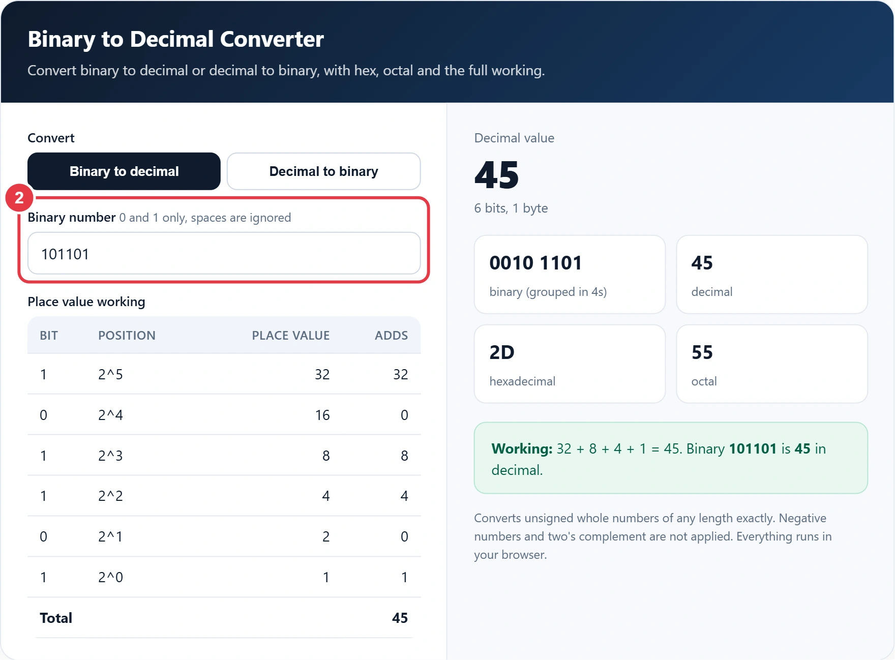 Step 2: enter the binary or decimal number