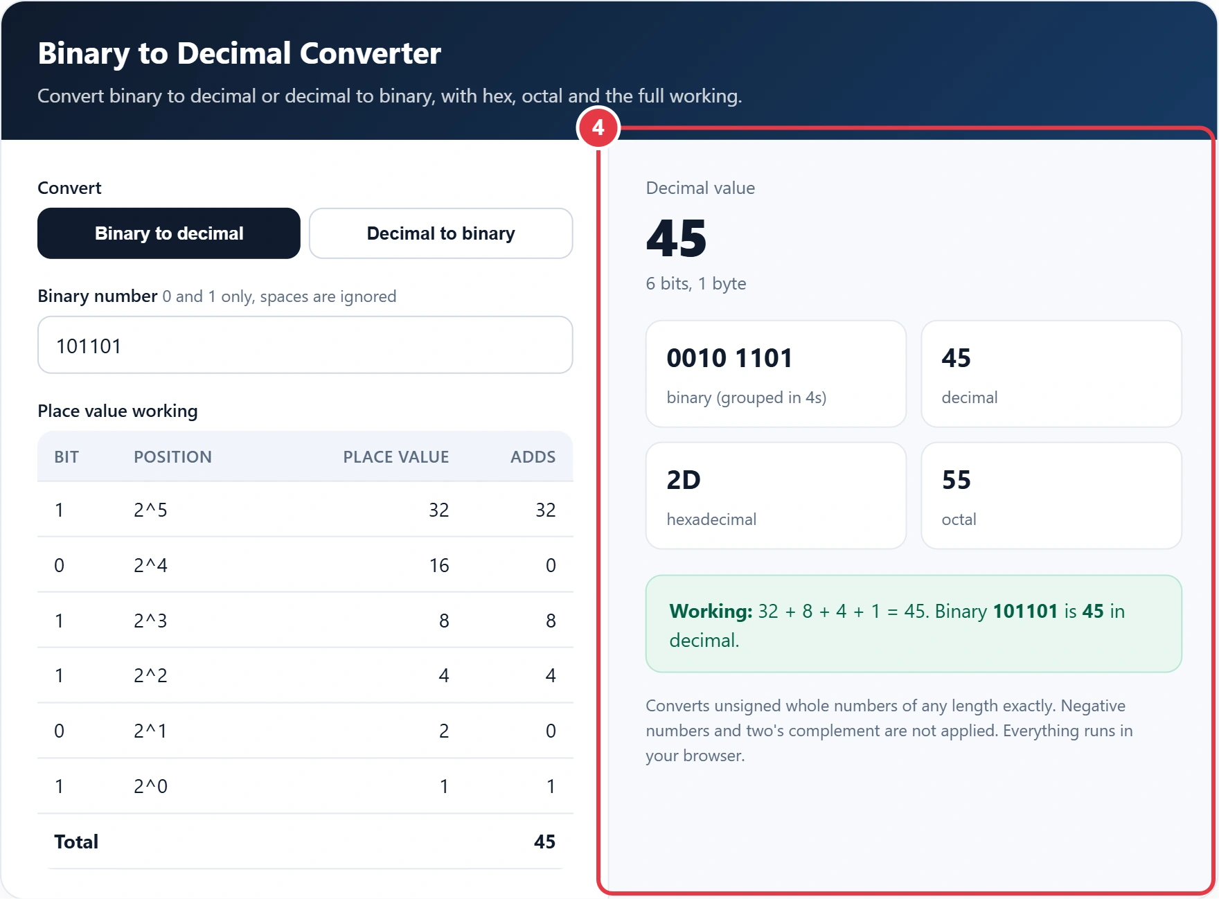 Step 4: read the decimal, hexadecimal and octal results