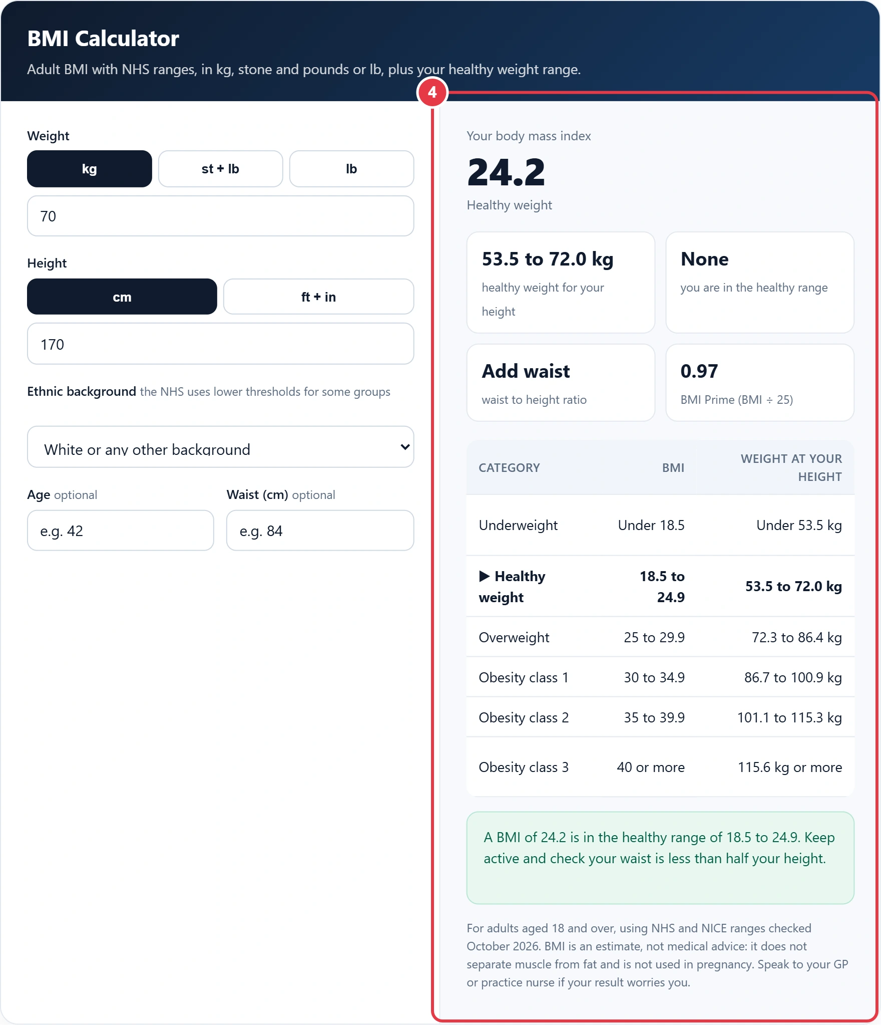 Step 4: read your BMI, category and healthy weight range