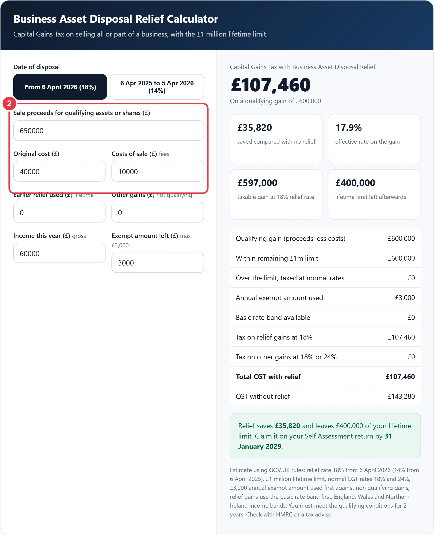Step 2: enter sale proceeds, original cost and costs of sale