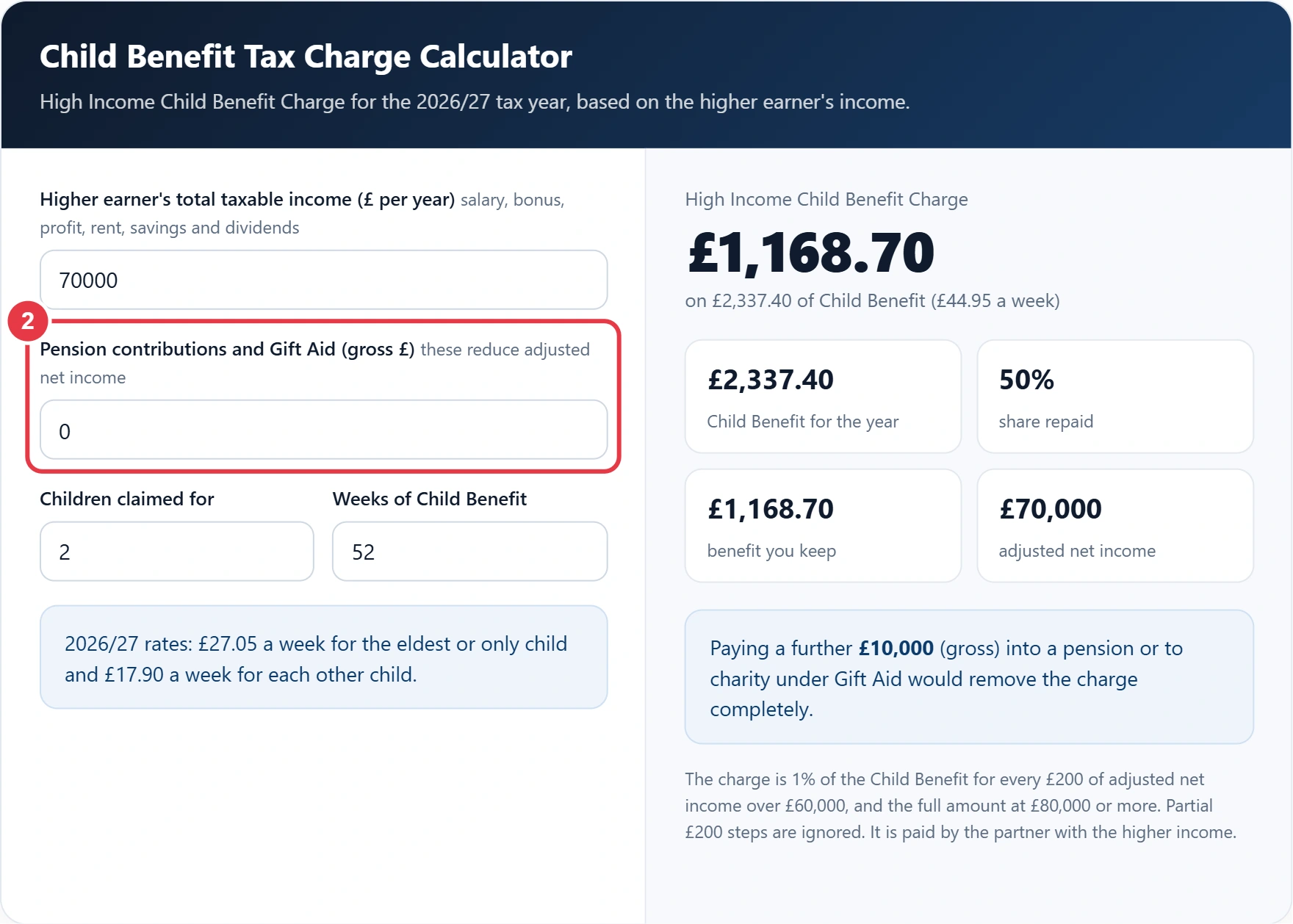 Step 2: add pension contributions and Gift Aid that reduce adjusted net income