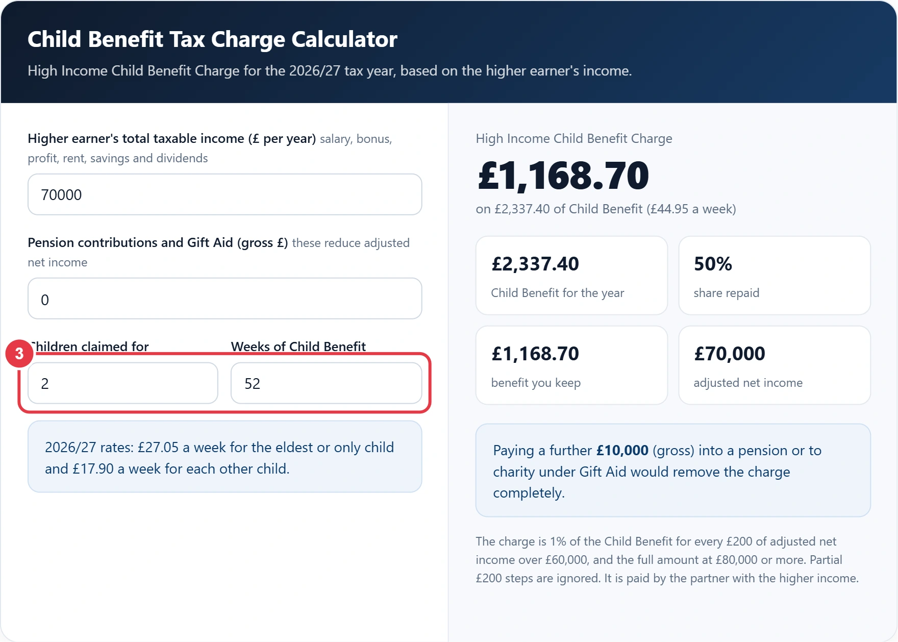 Step 3: enter the number of children and weeks of Child Benefit
