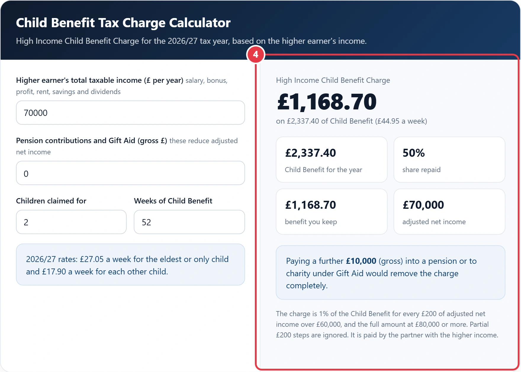Step 4: read the Child Benefit charge and the benefit you keep