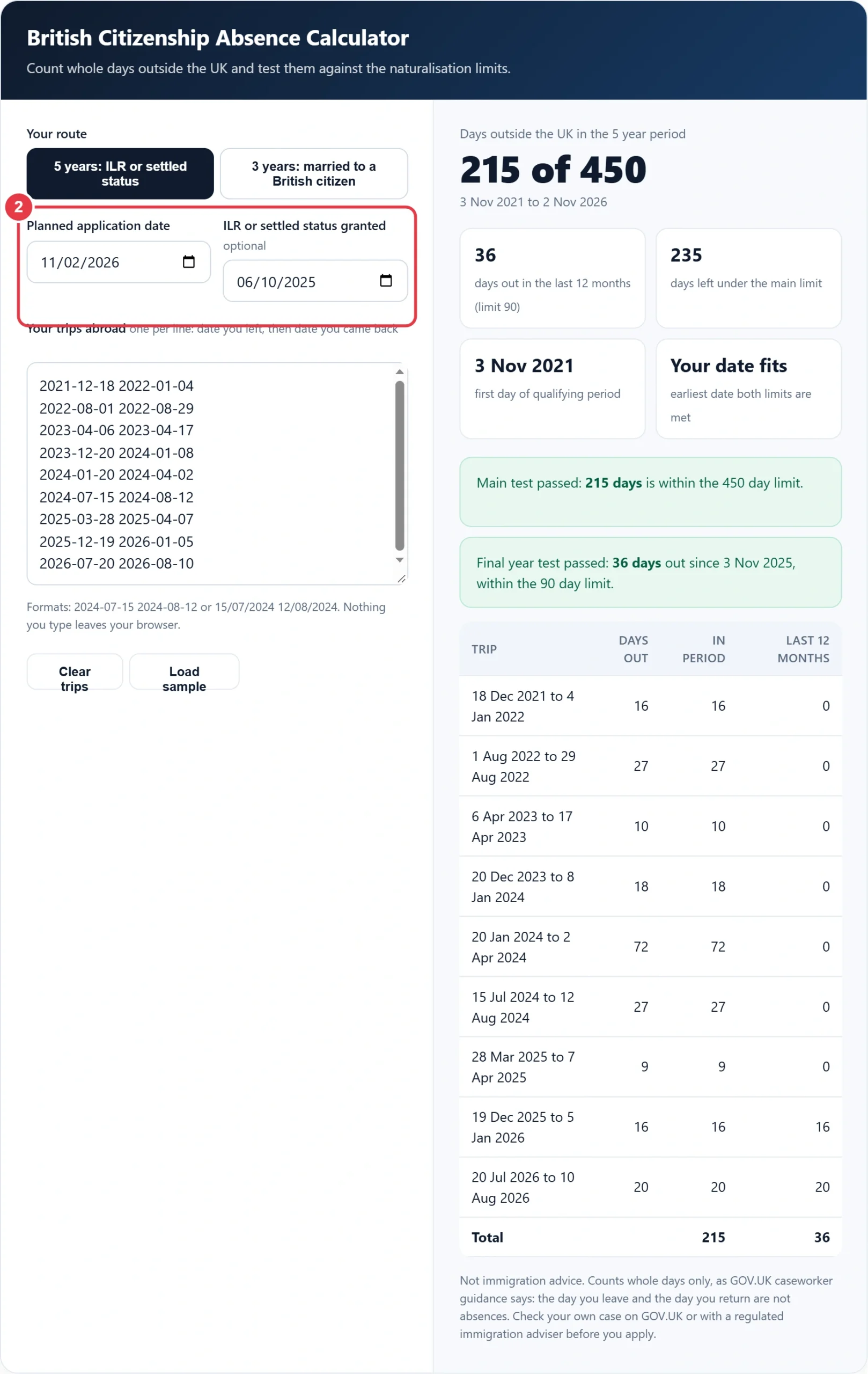 Step 2: enter the planned application date and ILR date