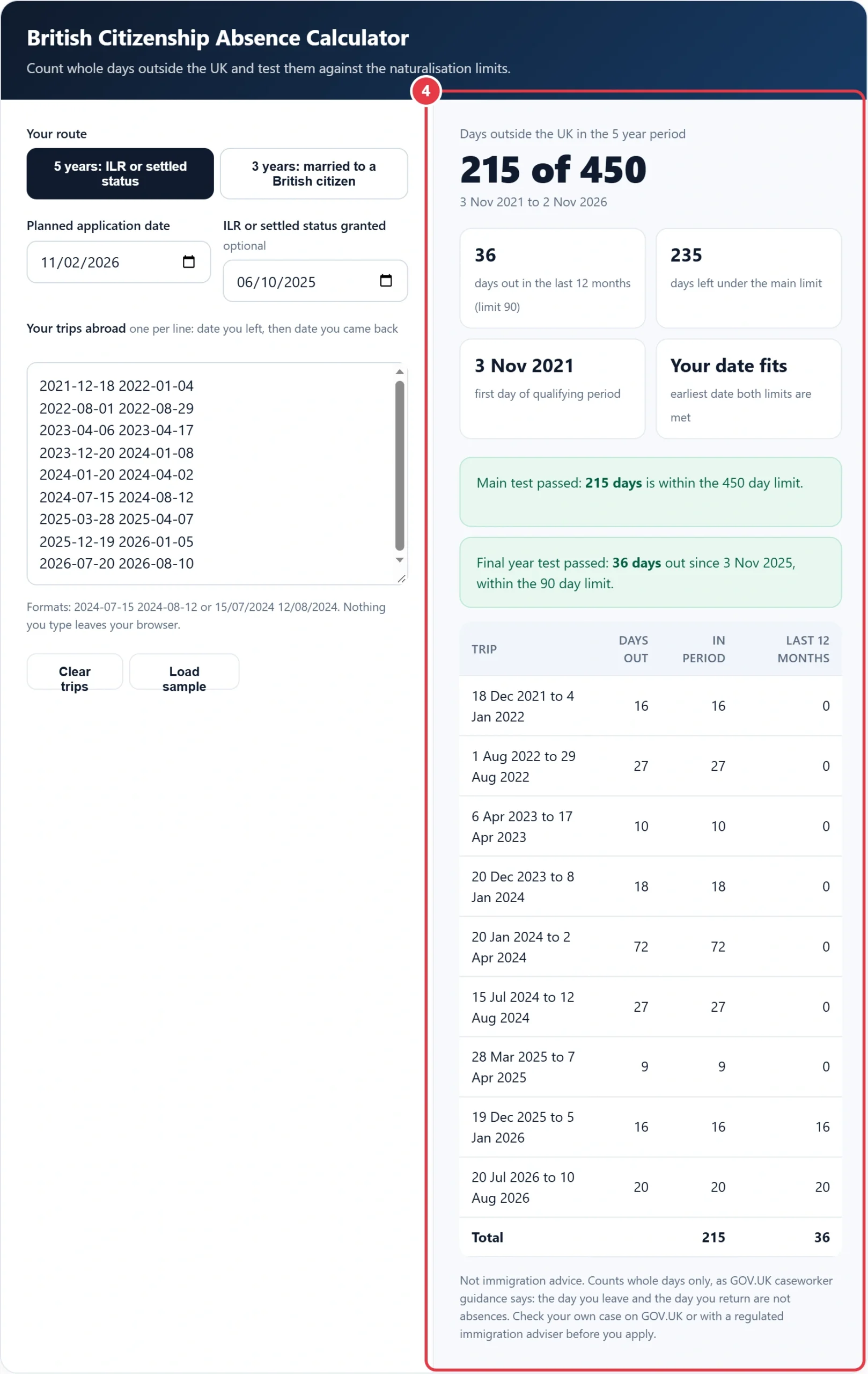 Step 4: read the absence totals, final year test and earliest date