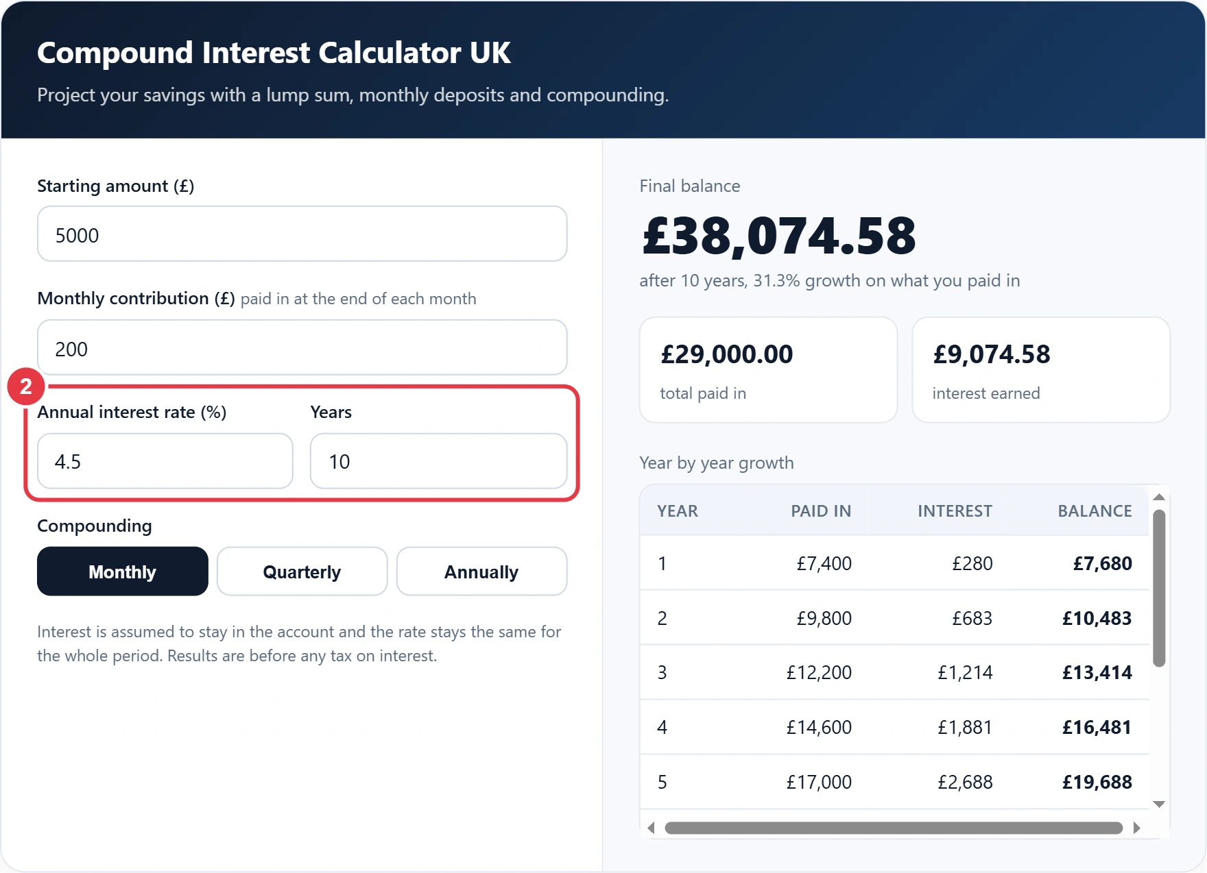 Step 2: add the annual interest rate and number of years