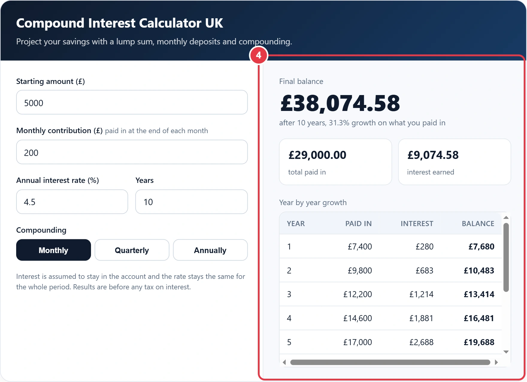Step 4: read your final balance and year by year growth