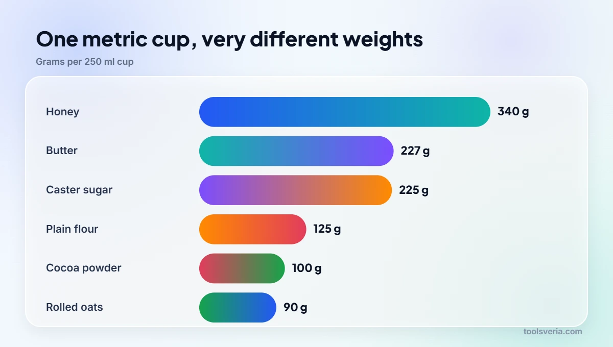 Bar chart of grams per cup for common baking ingredients