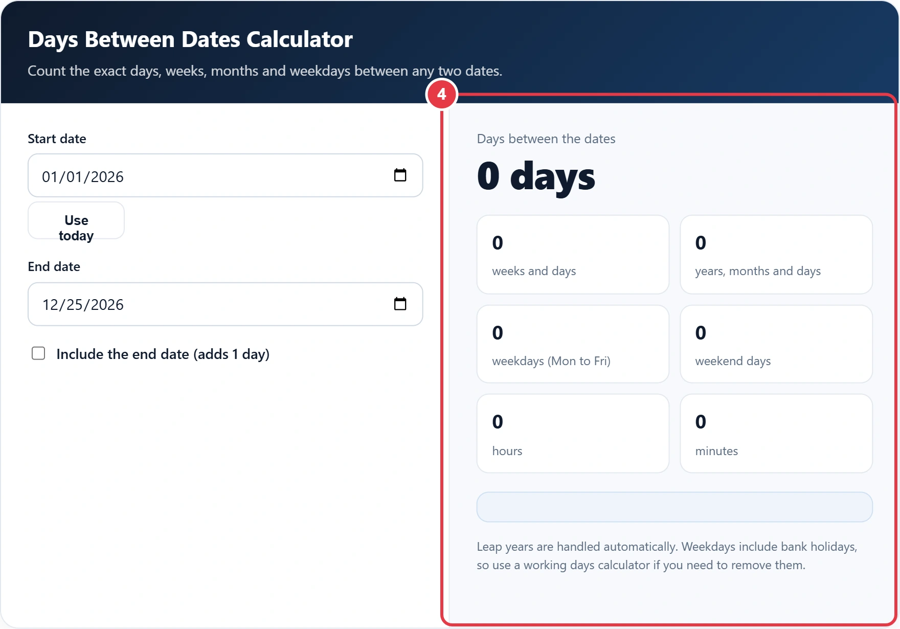 Step 4: read the days, weeks, months and weekdays between the dates