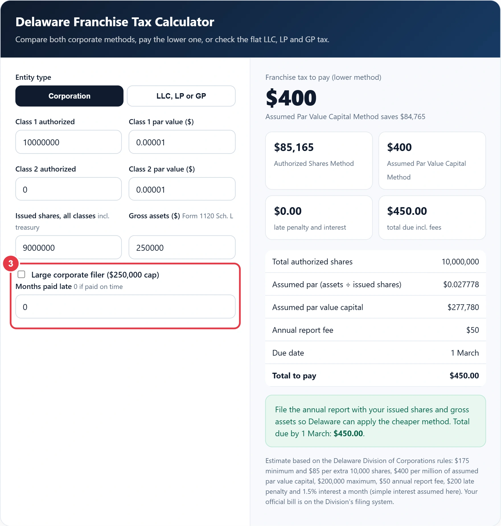 Step 3: tick large corporate filer and enter any months paid late