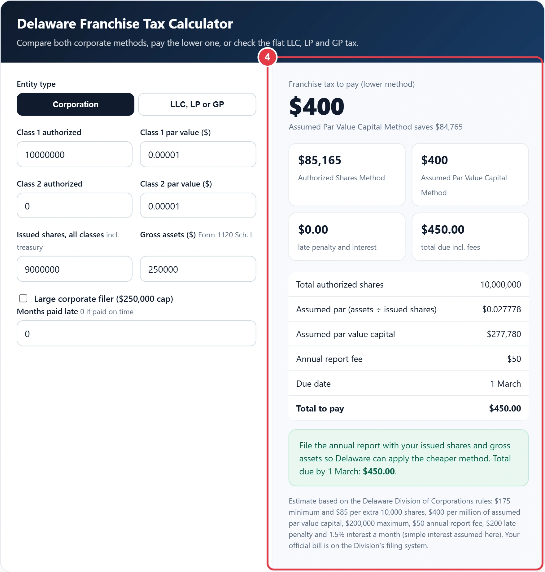 Step 4: read the lower tax, both methods and the total due