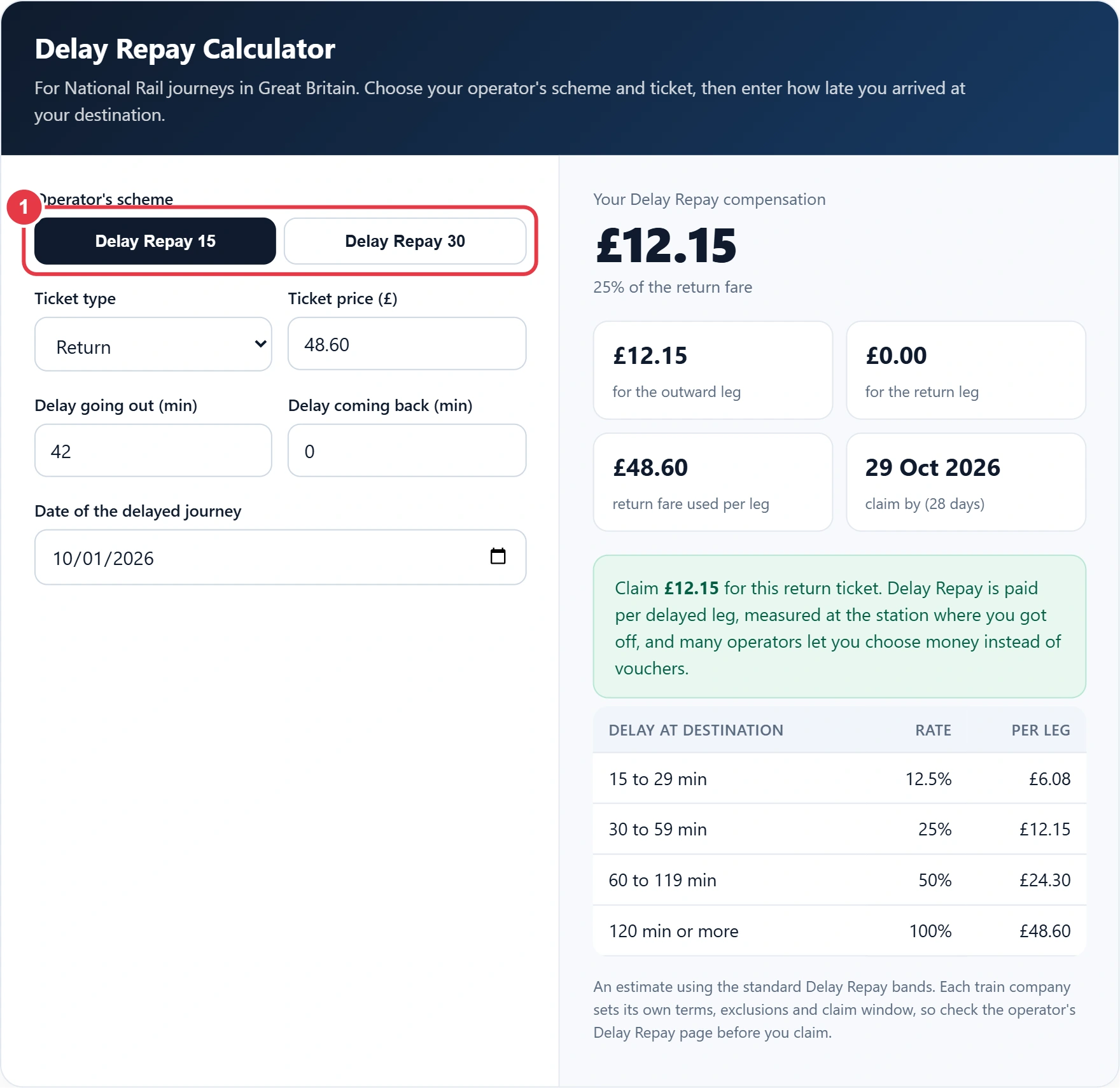 Step 1: choose Delay Repay 15 or Delay Repay 30