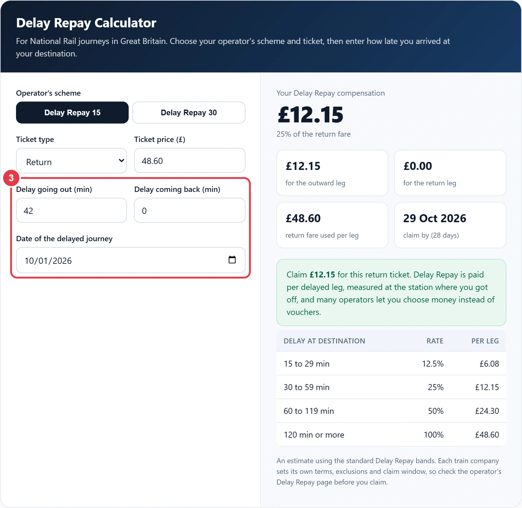 Step 3: enter the delay in minutes for each leg and the journey date