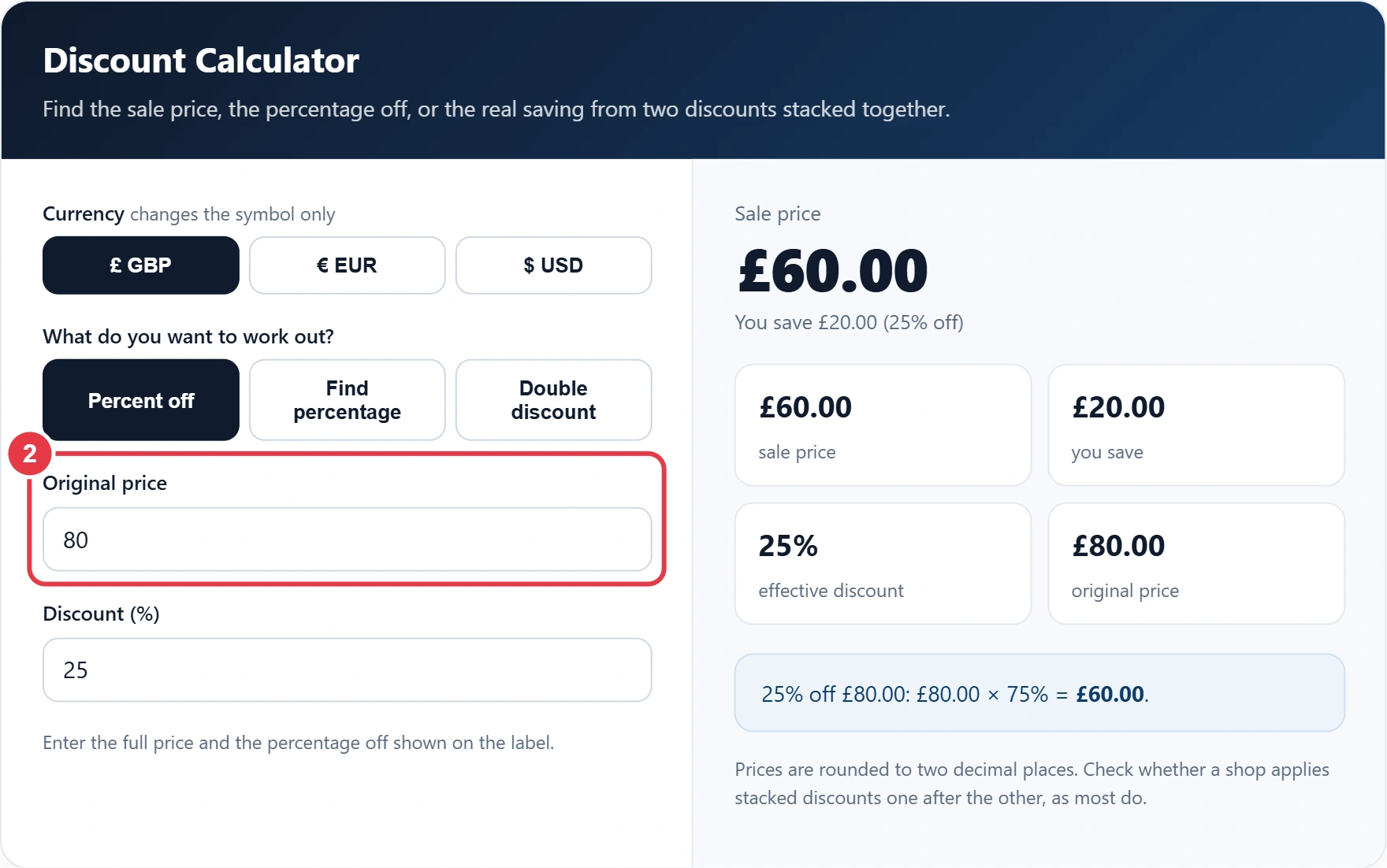 Step 2: enter the original price