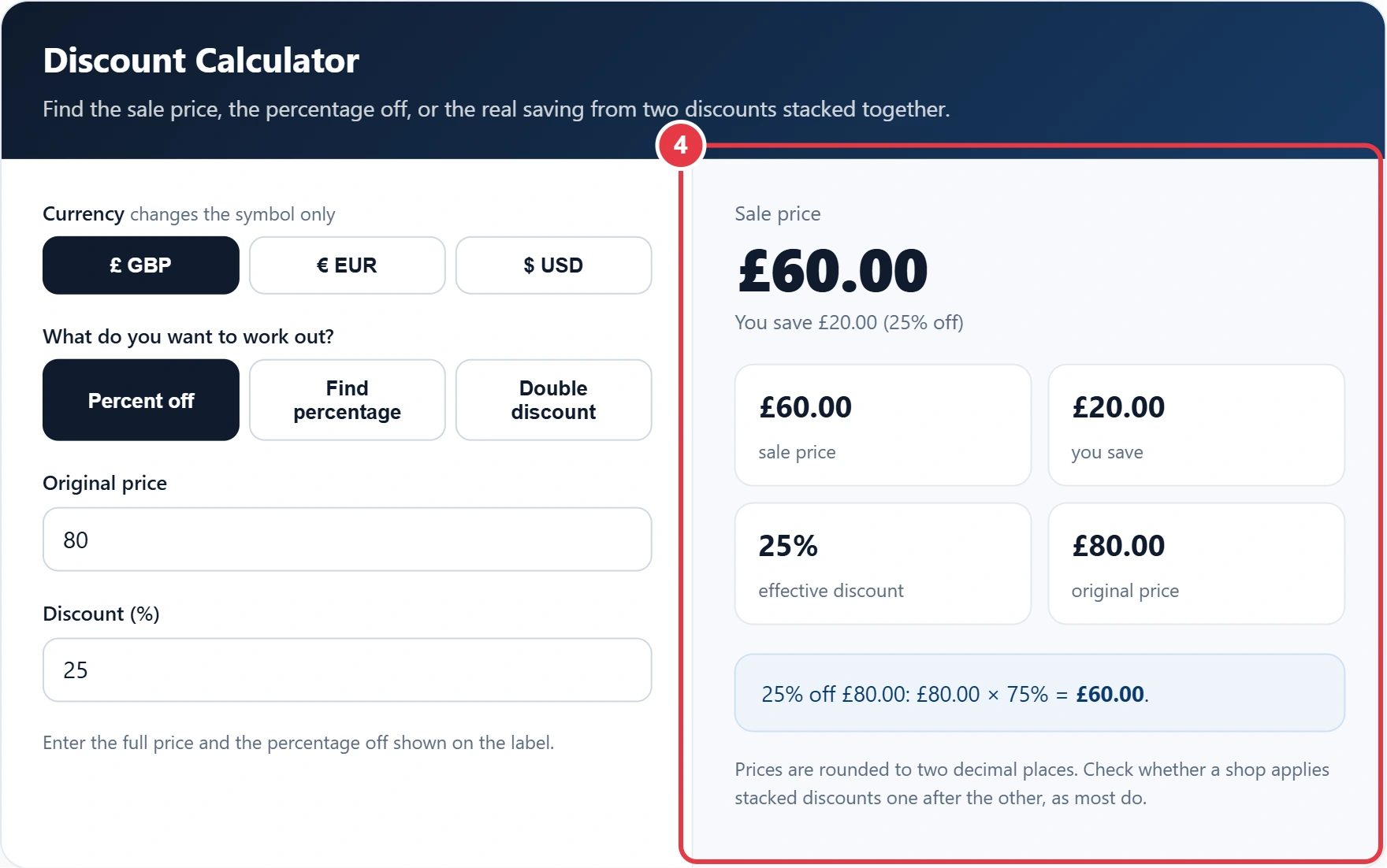 Step 4: read the sale price, saving and effective discount