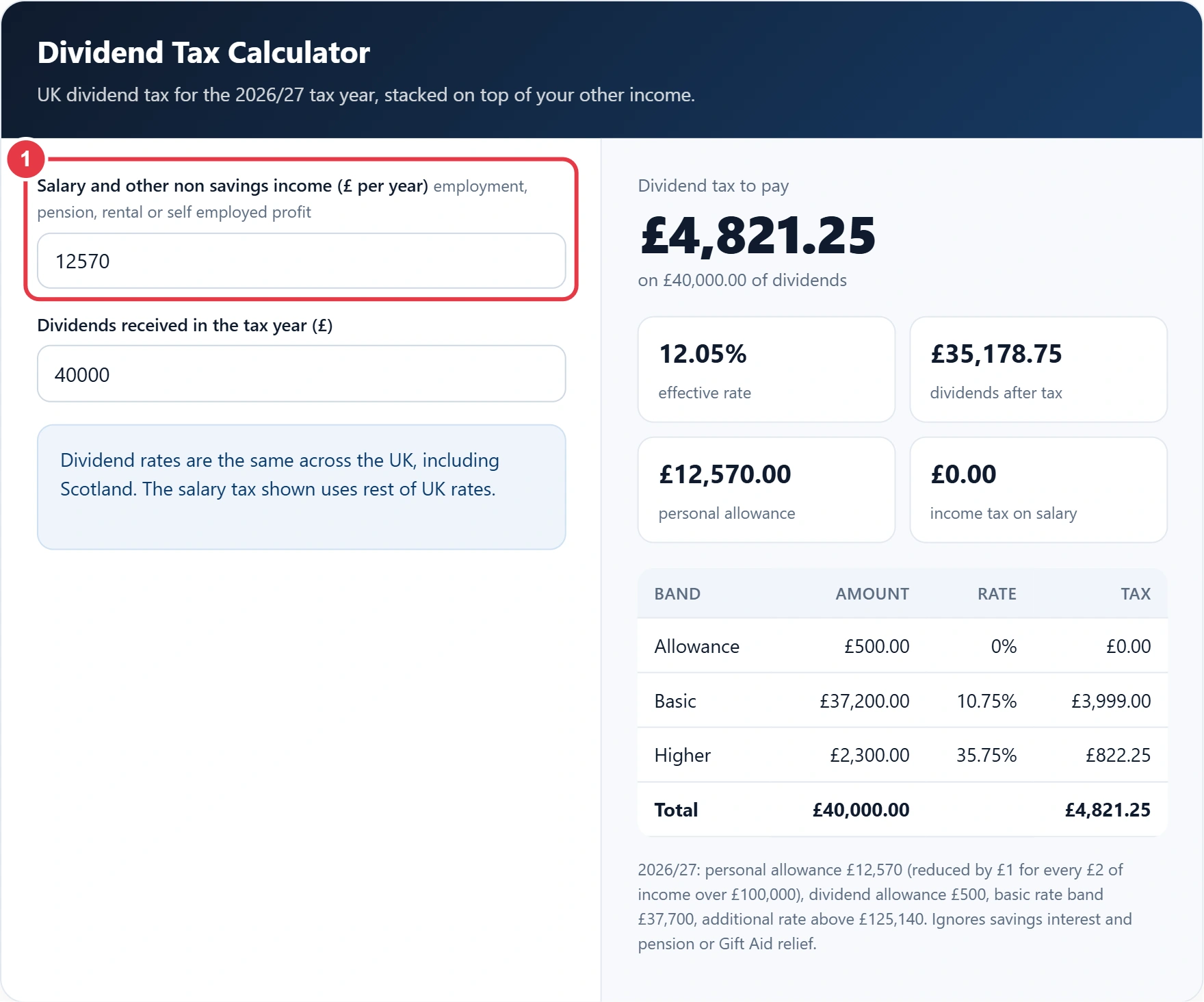 Step 1: enter your salary and other non savings income