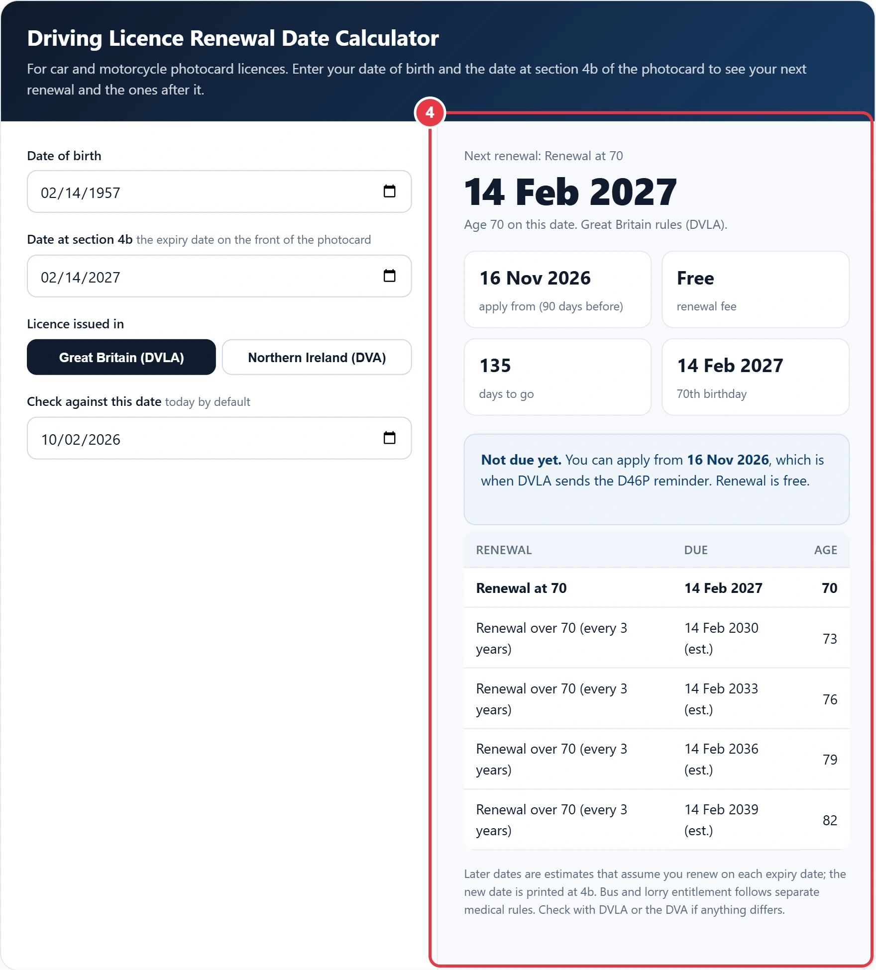 Step 4: read the next renewal date, apply date, fee and future renewals