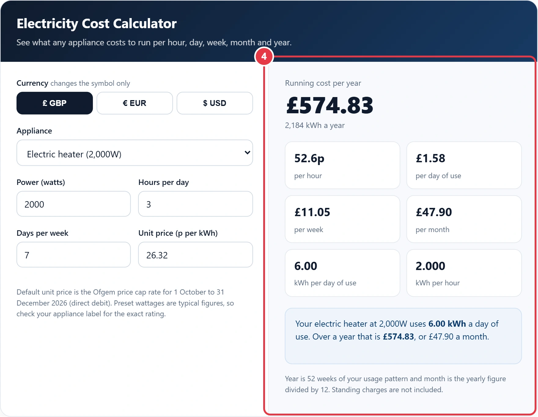 Step 4: read the electricity running costs