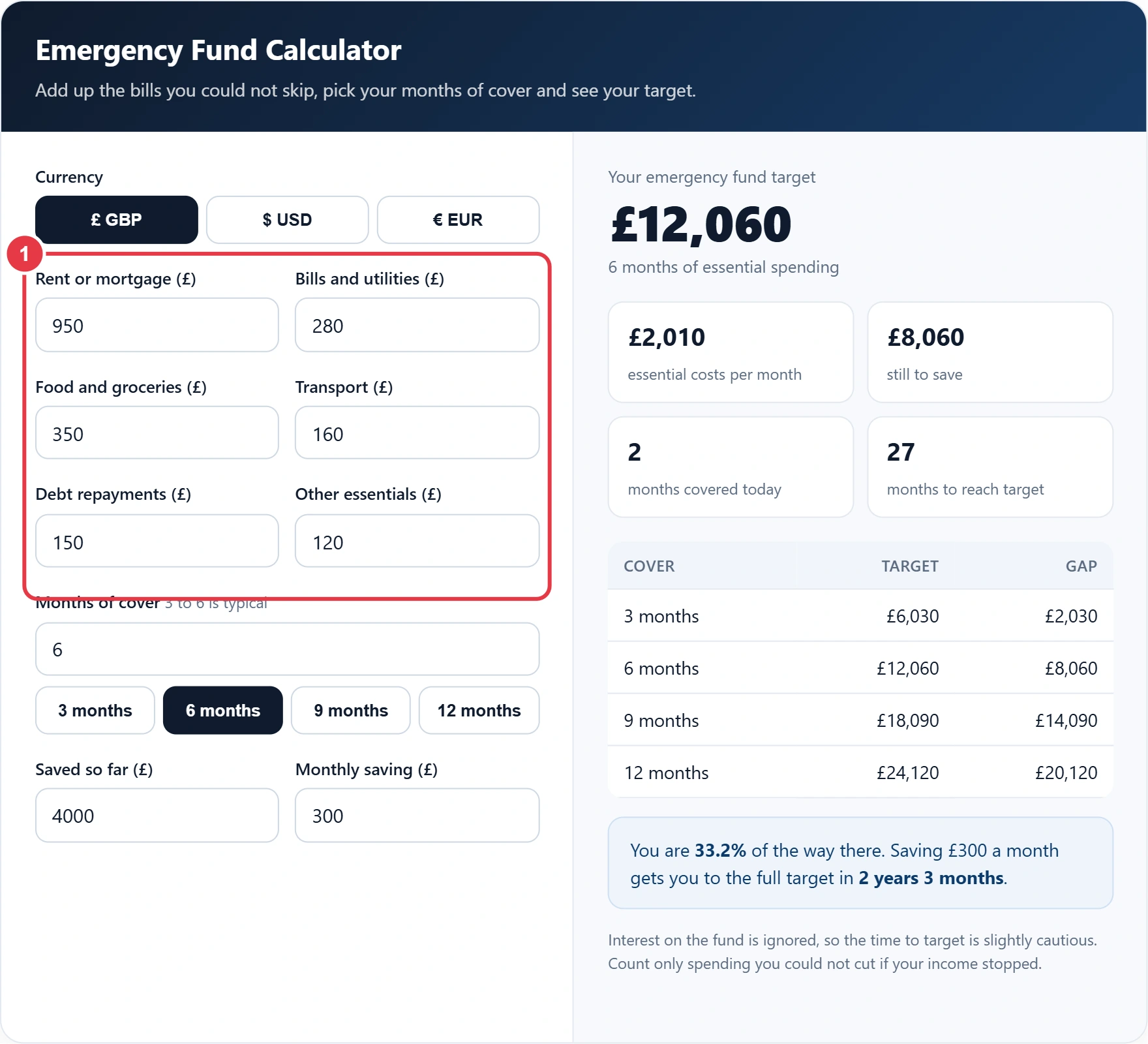 Step 1: enter your essential monthly costs