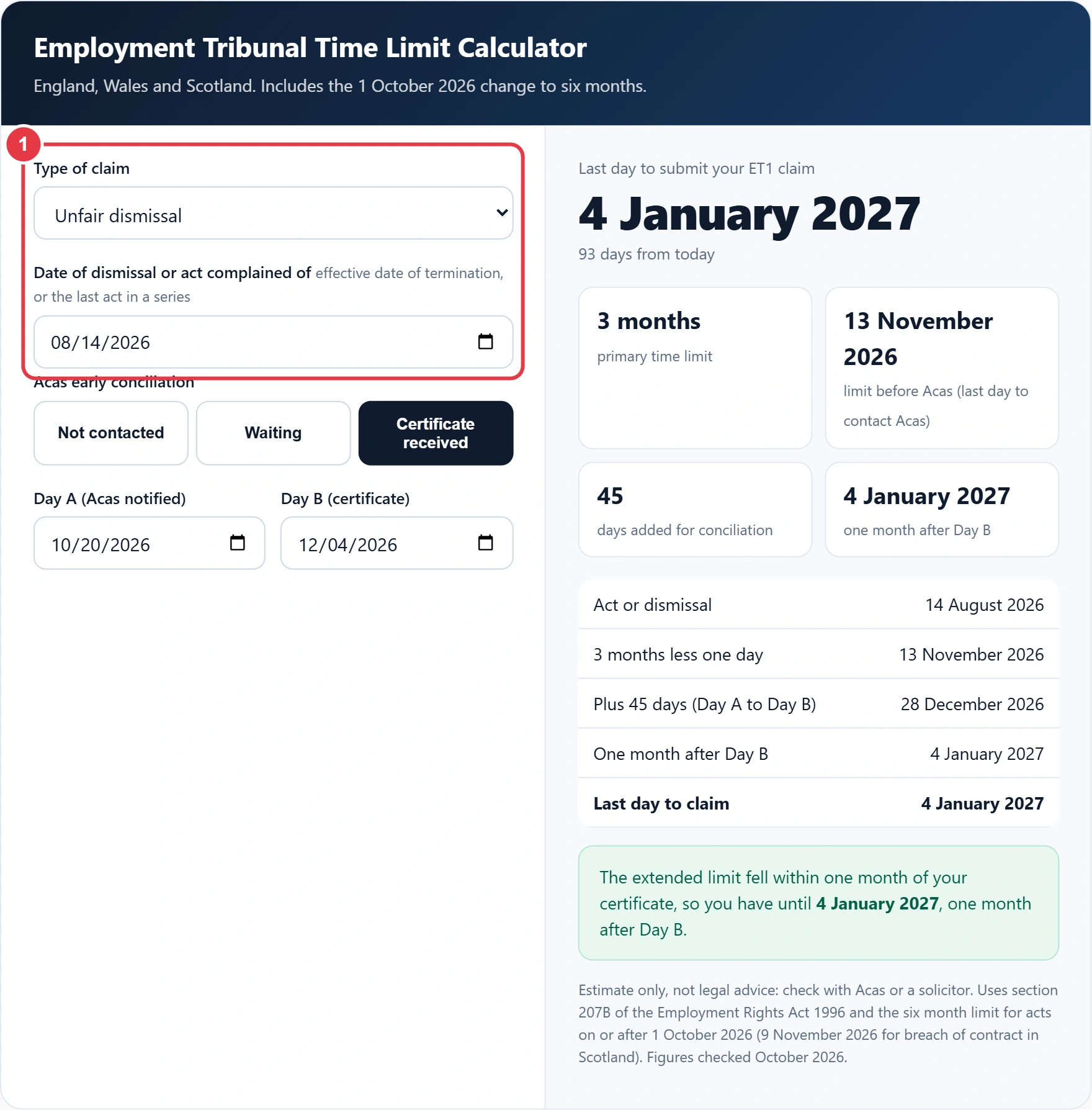 Step 1: choose the claim type and enter the date of dismissal or the act