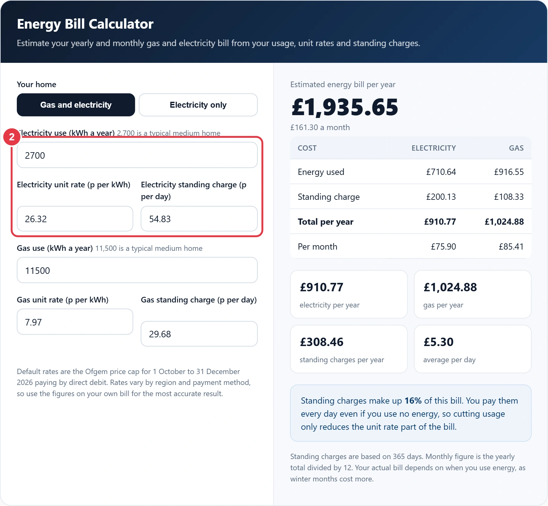 Step 2: enter your electricity use, unit rate and standing charge