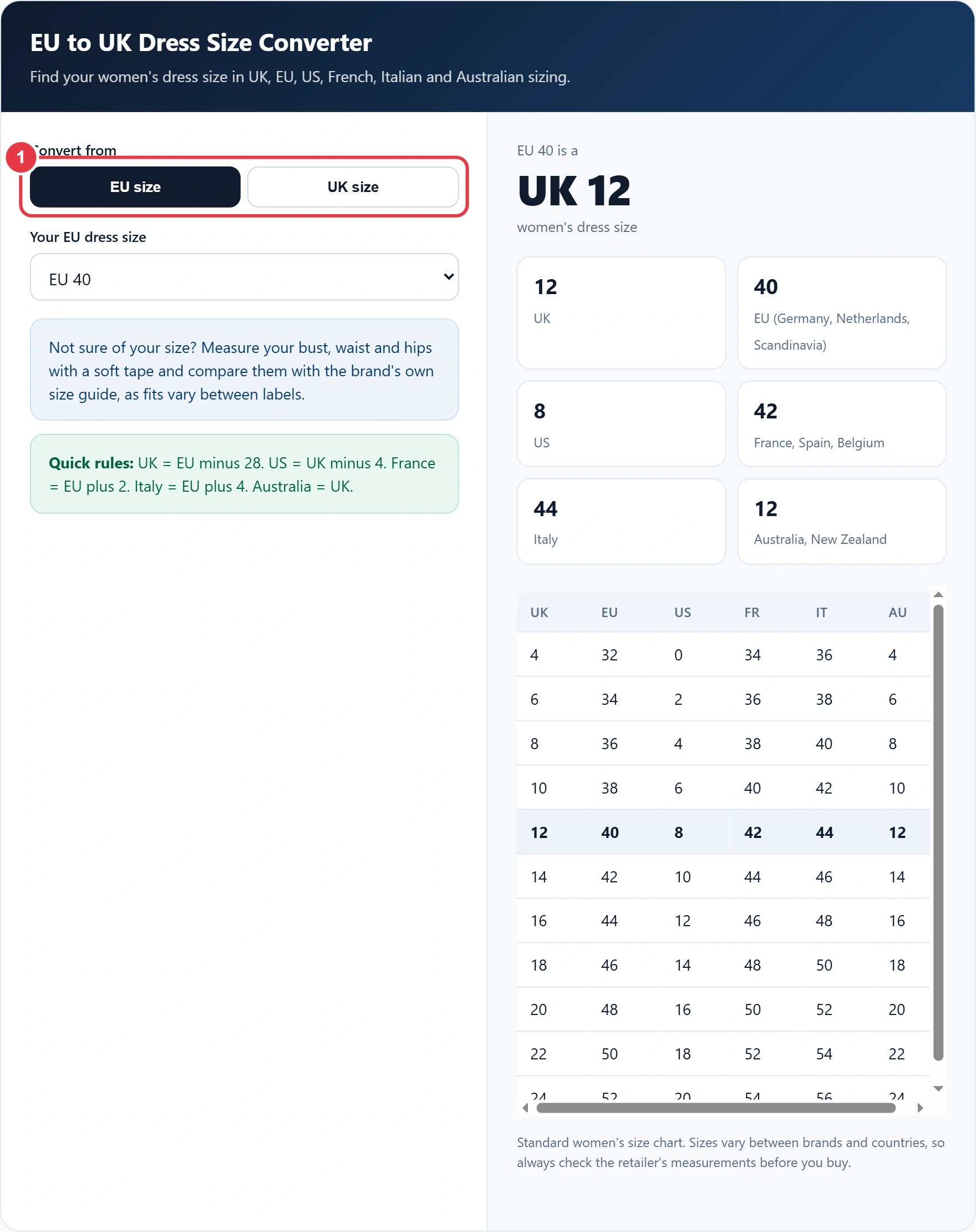 Step 1: choose whether to convert from an EU or UK size
