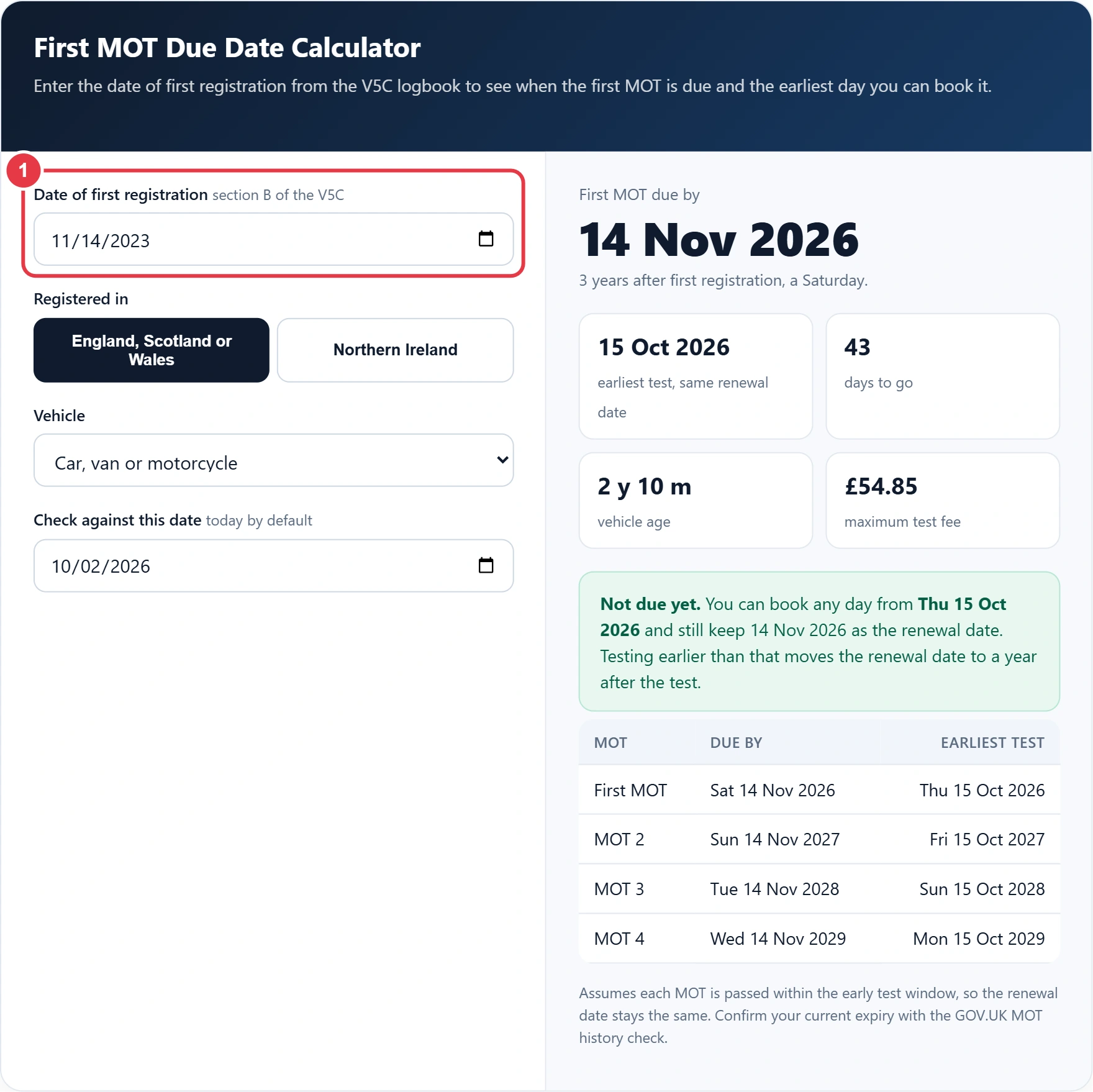 Step 1: enter the date of first registration from the V5C