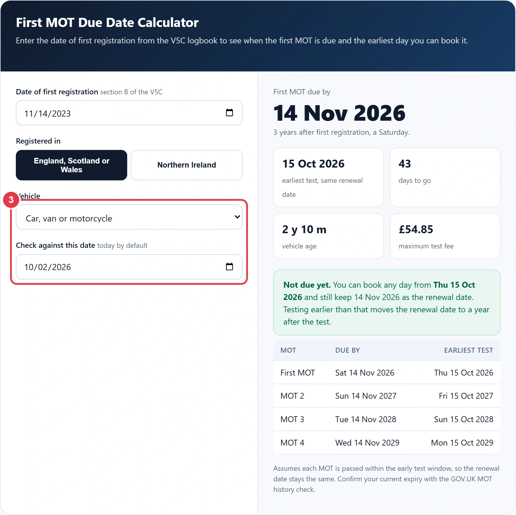Step 3: choose the vehicle type and the date to check against