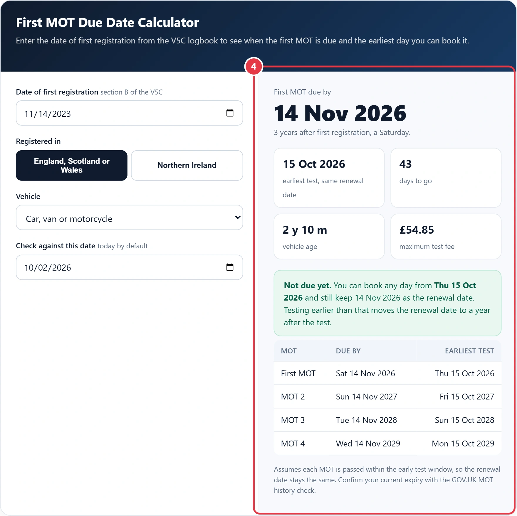 Step 4: read the first MOT due date, earliest test date and the next MOTs