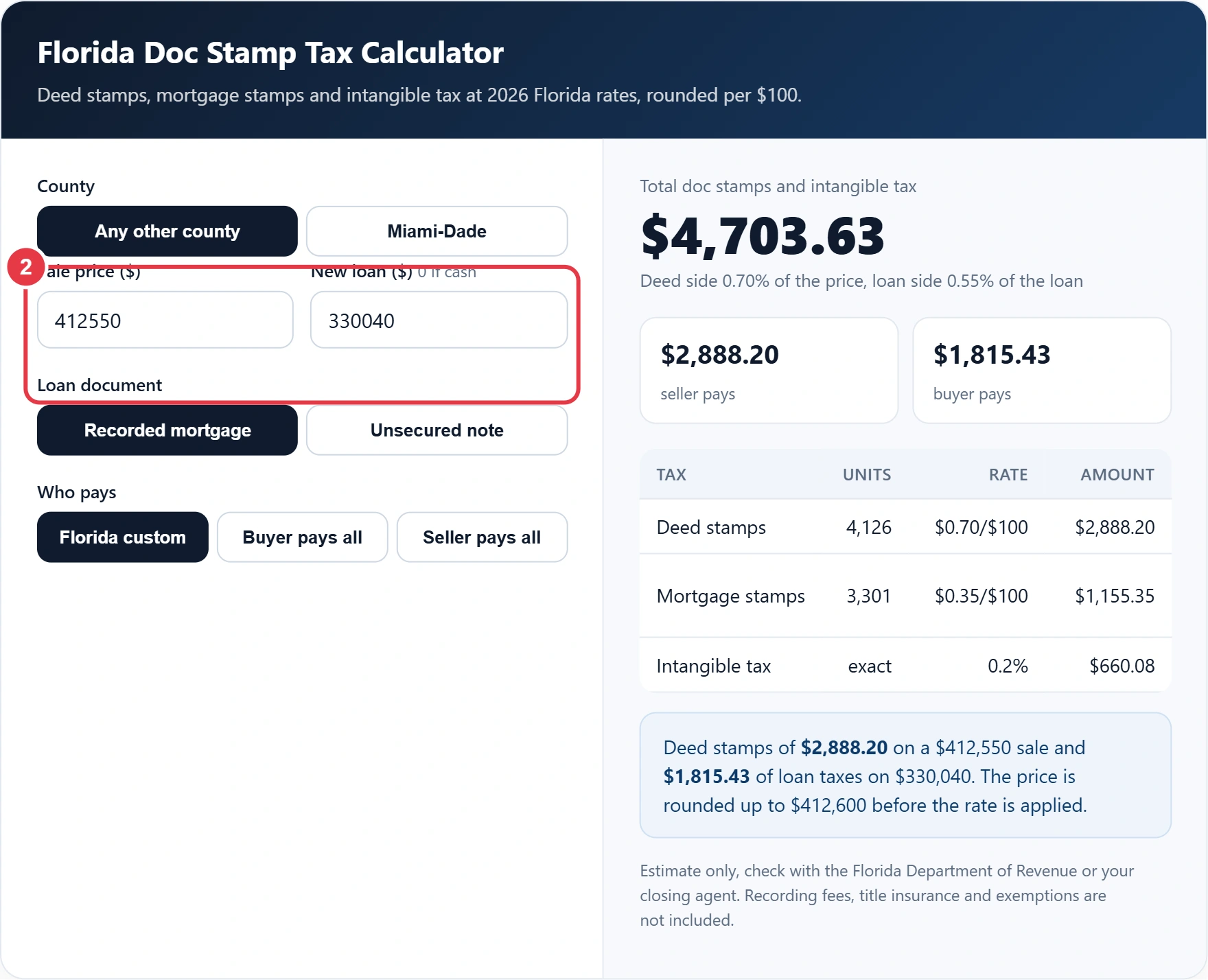 Step 2: enter the sale price and new loan amount