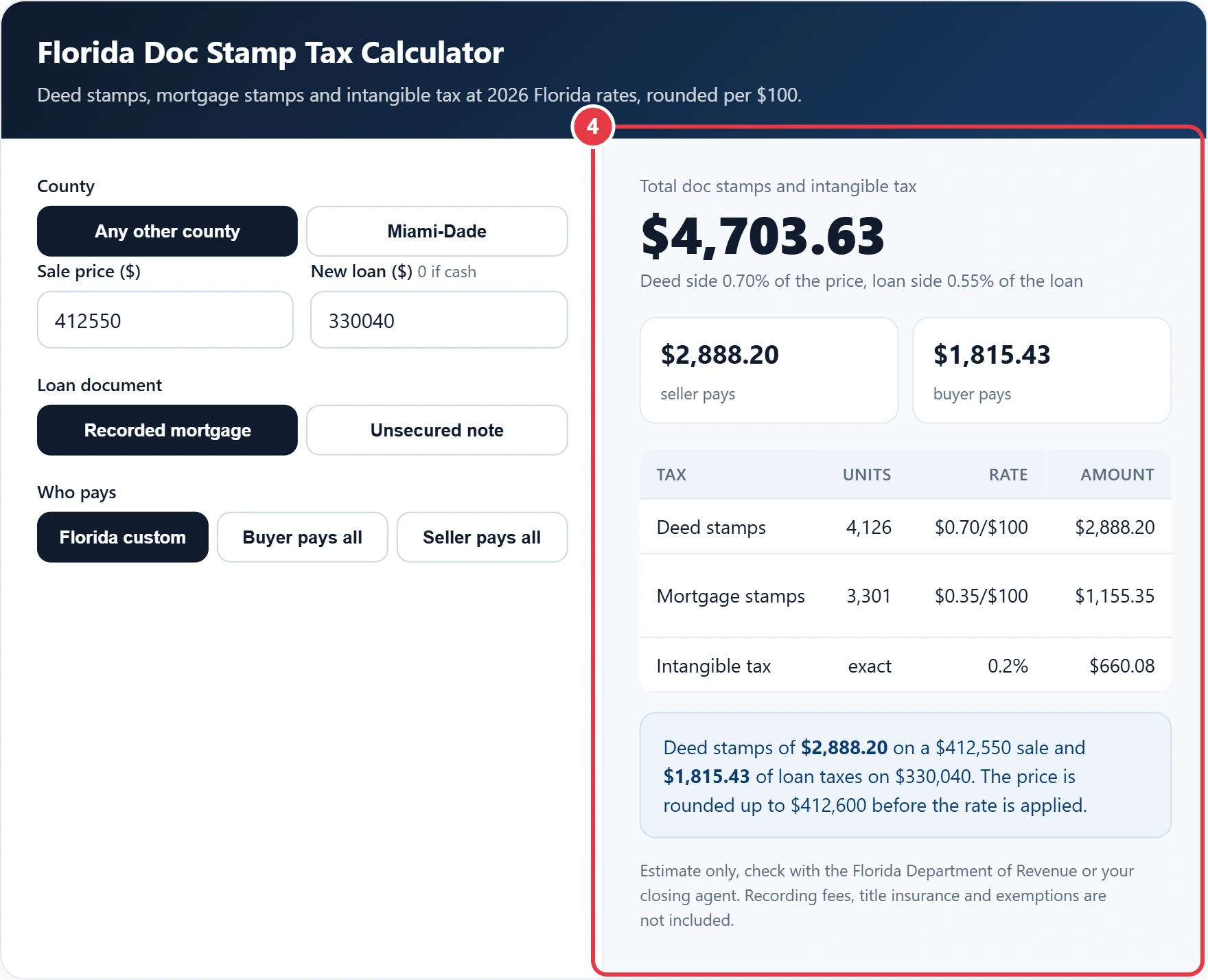 Step 4: read the doc stamp breakdown and totals