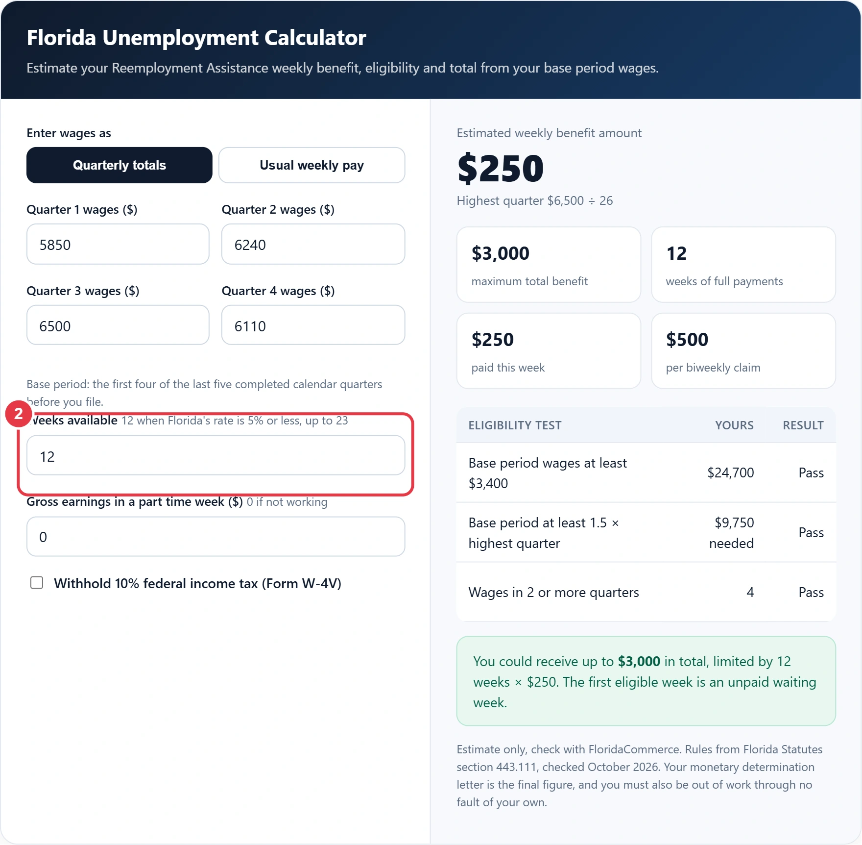Step 2: set the number of weeks available for your claim