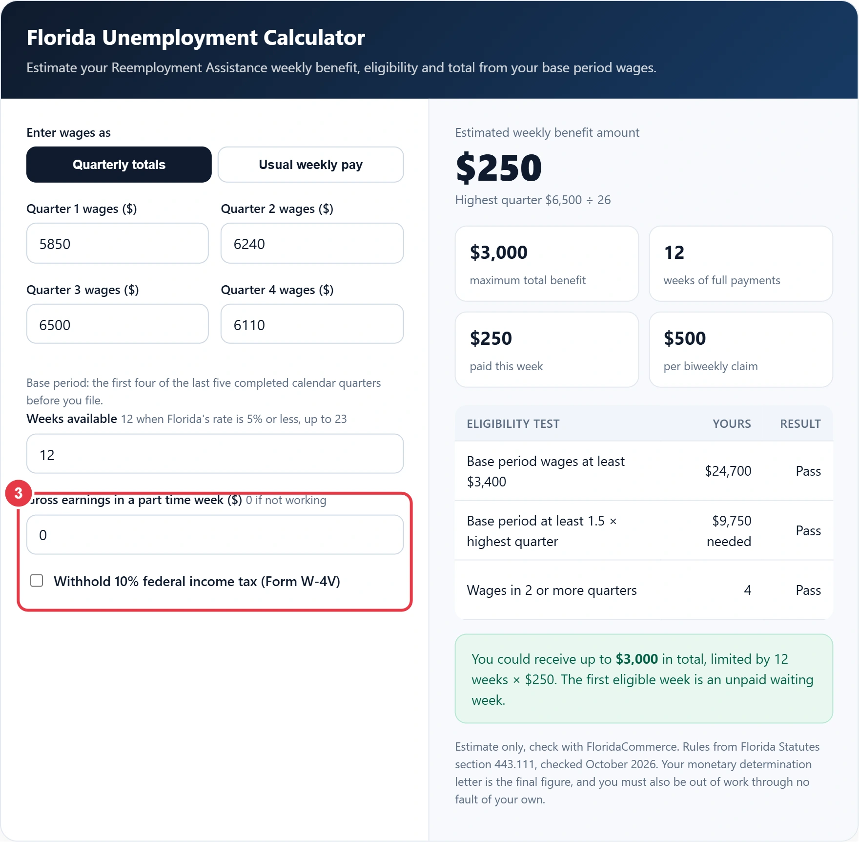 Step 3: add part time earnings and choose federal tax withholding