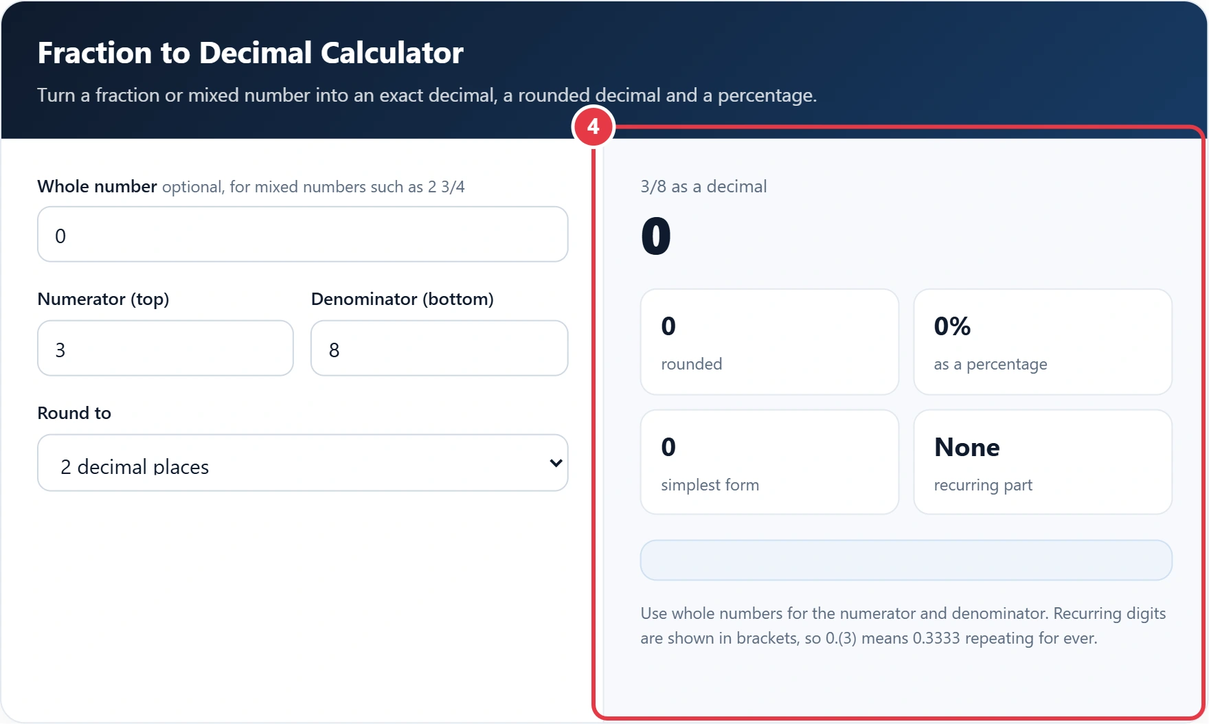 Step 4: read the decimal, percentage and working