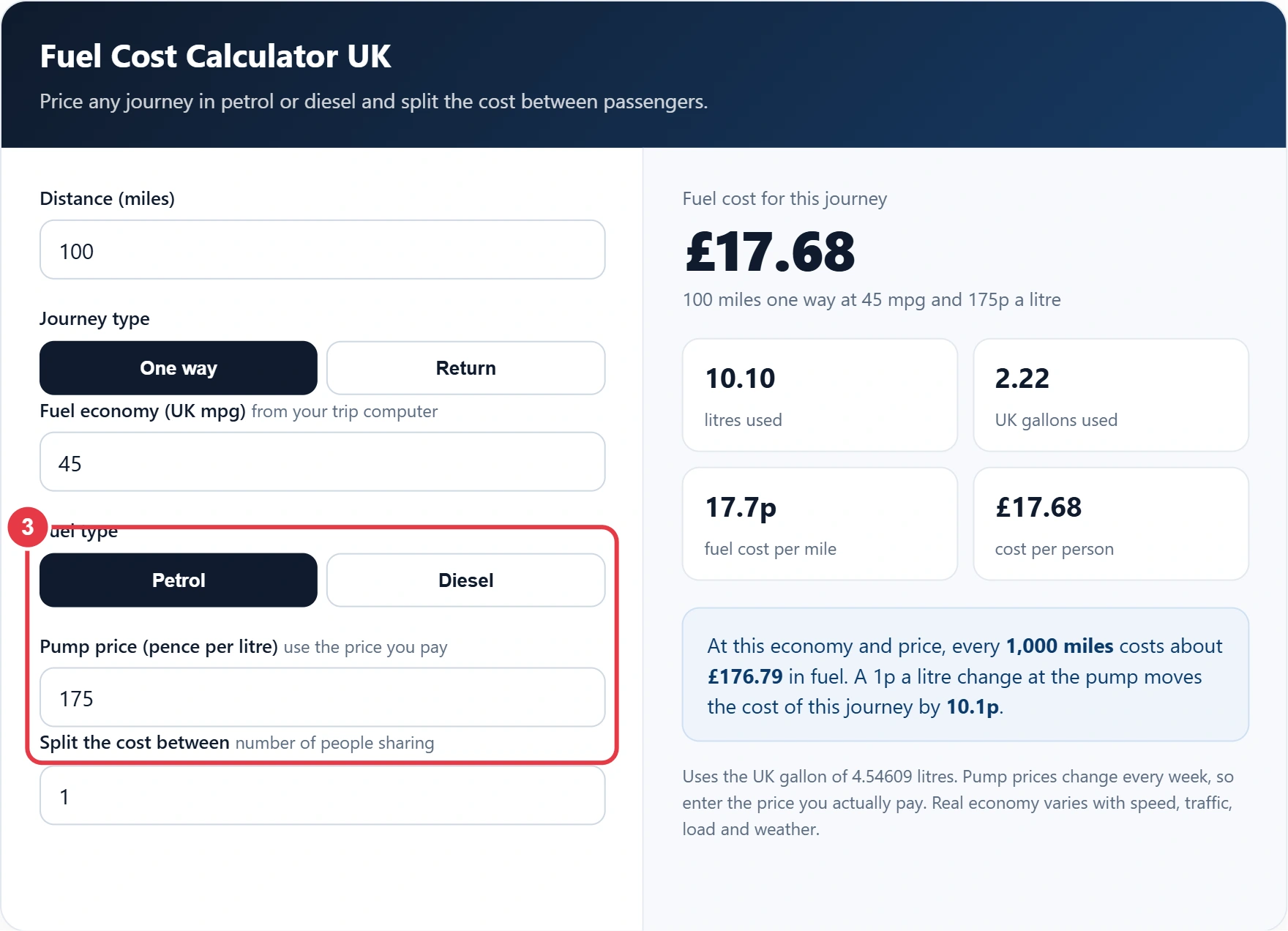 Step 3: choose petrol or diesel and enter the pump price