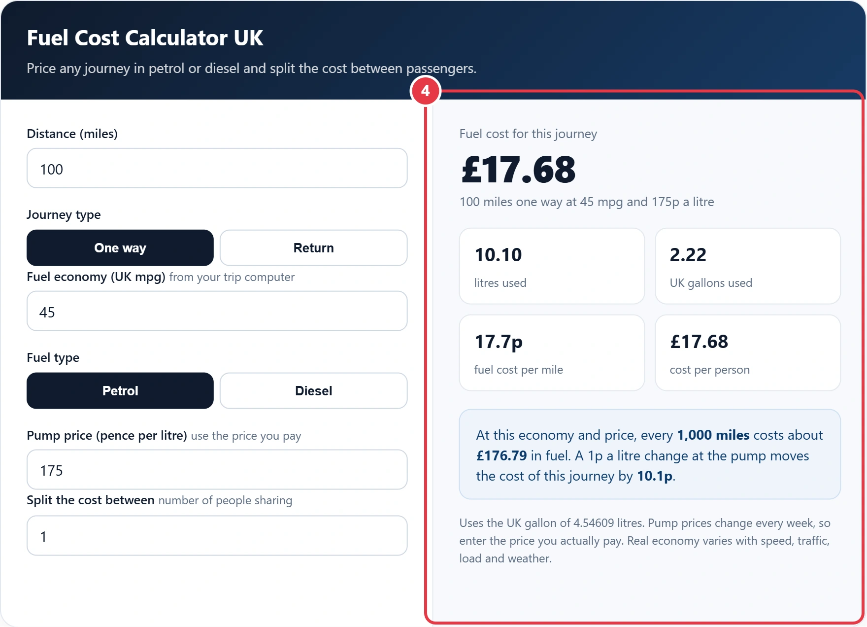 Step 4: read the journey cost, cost per mile and cost per person