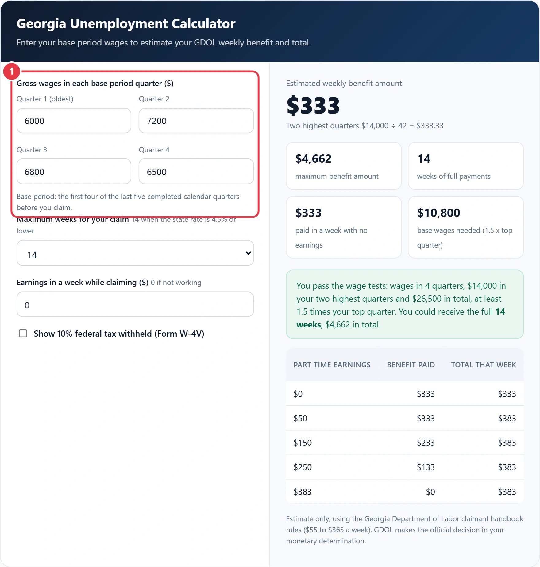 Step 1: enter gross wages for each of the four base period quarters