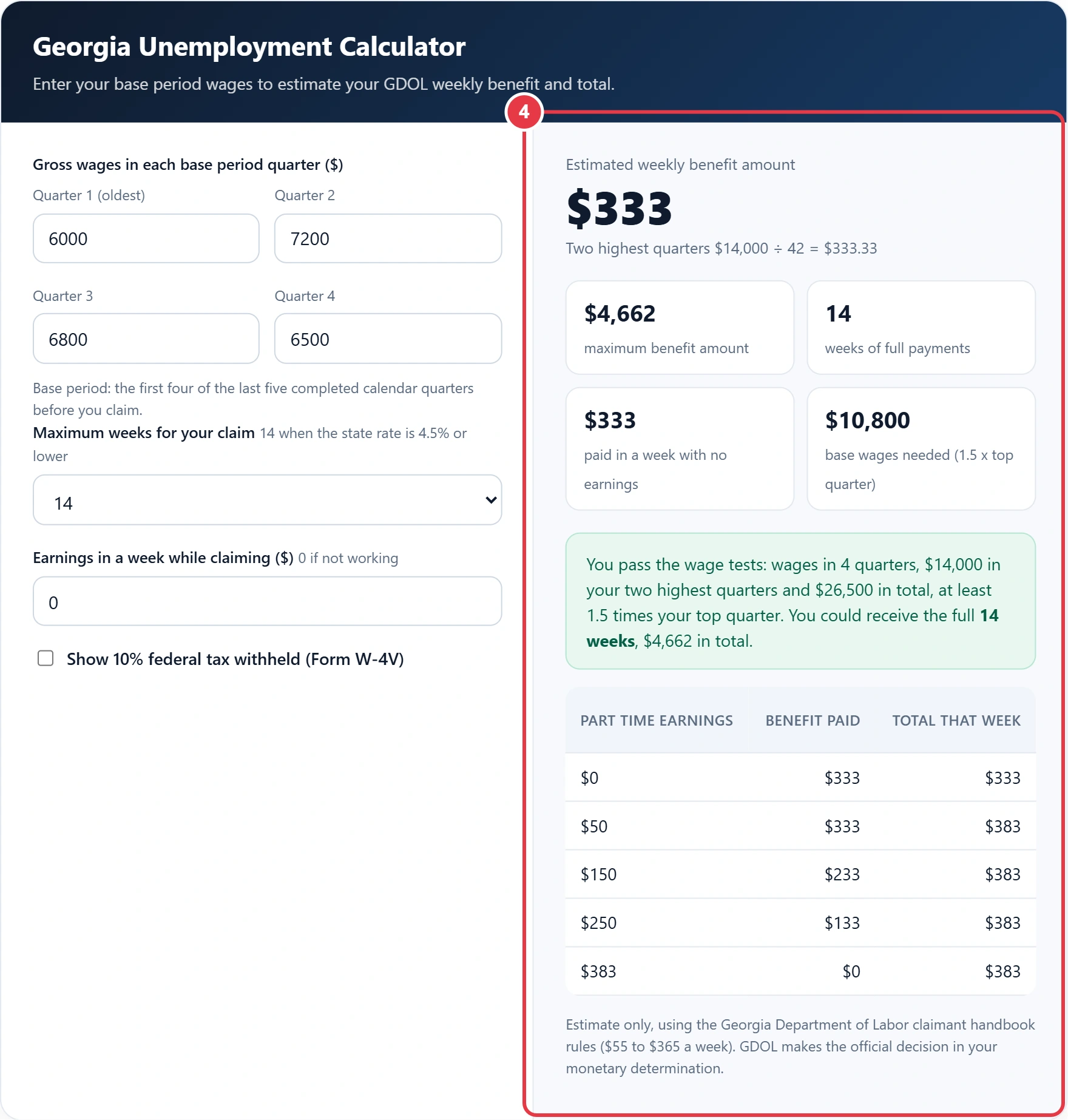 Step 4: read the weekly benefit, maximum benefit and wage test result