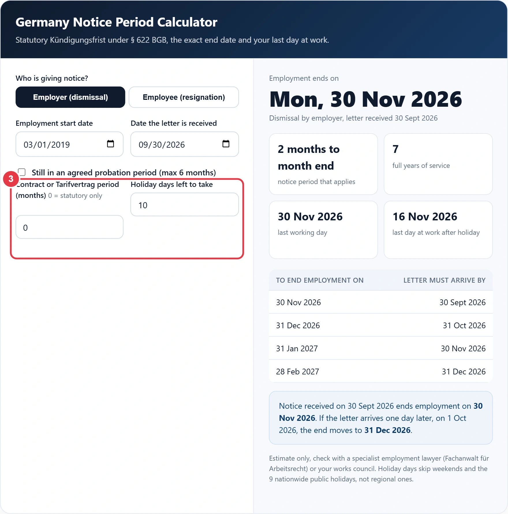 Step 3: add any contract notice period and holiday days left