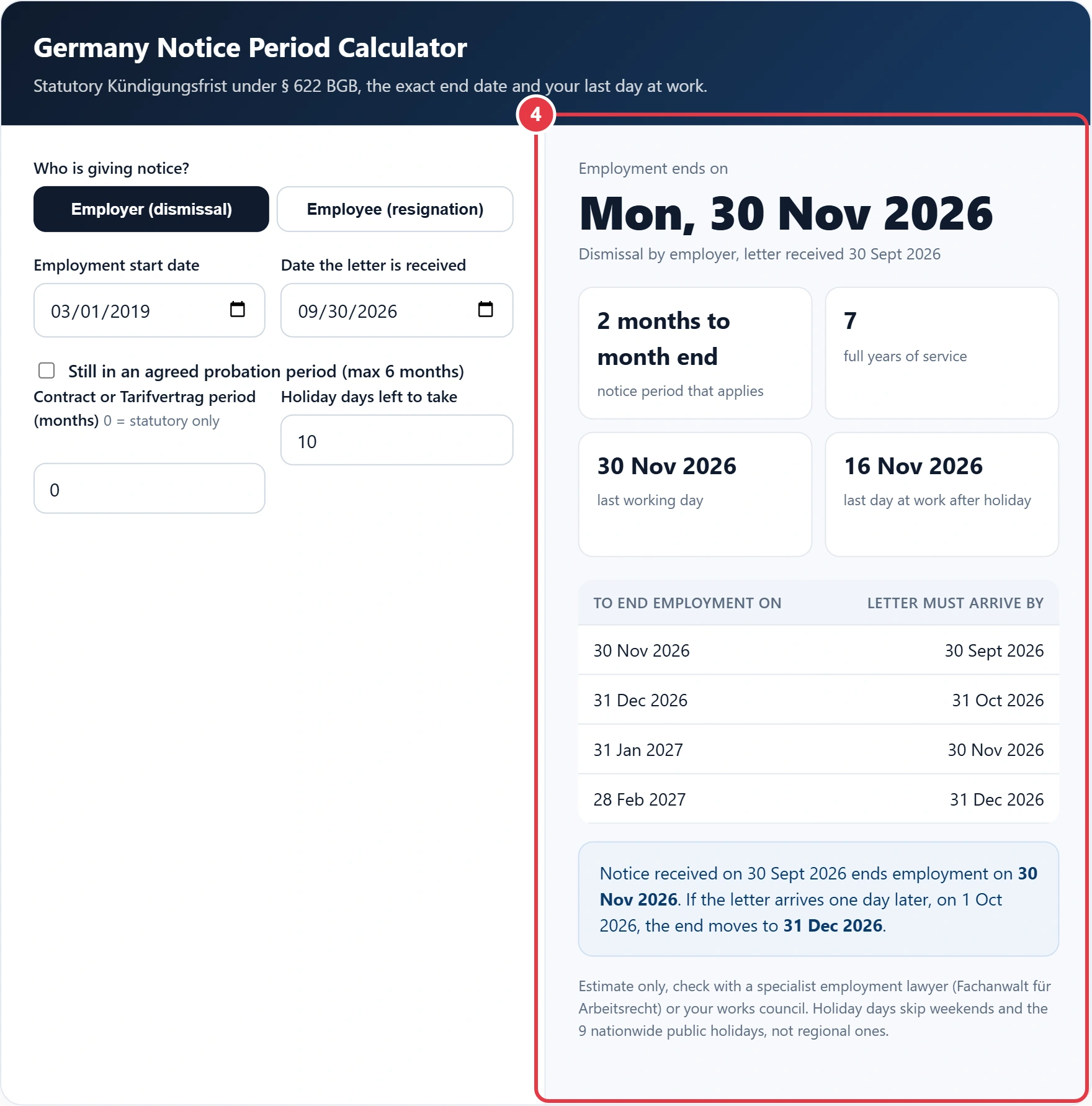 Step 4: read the end date, last working day and latest delivery dates