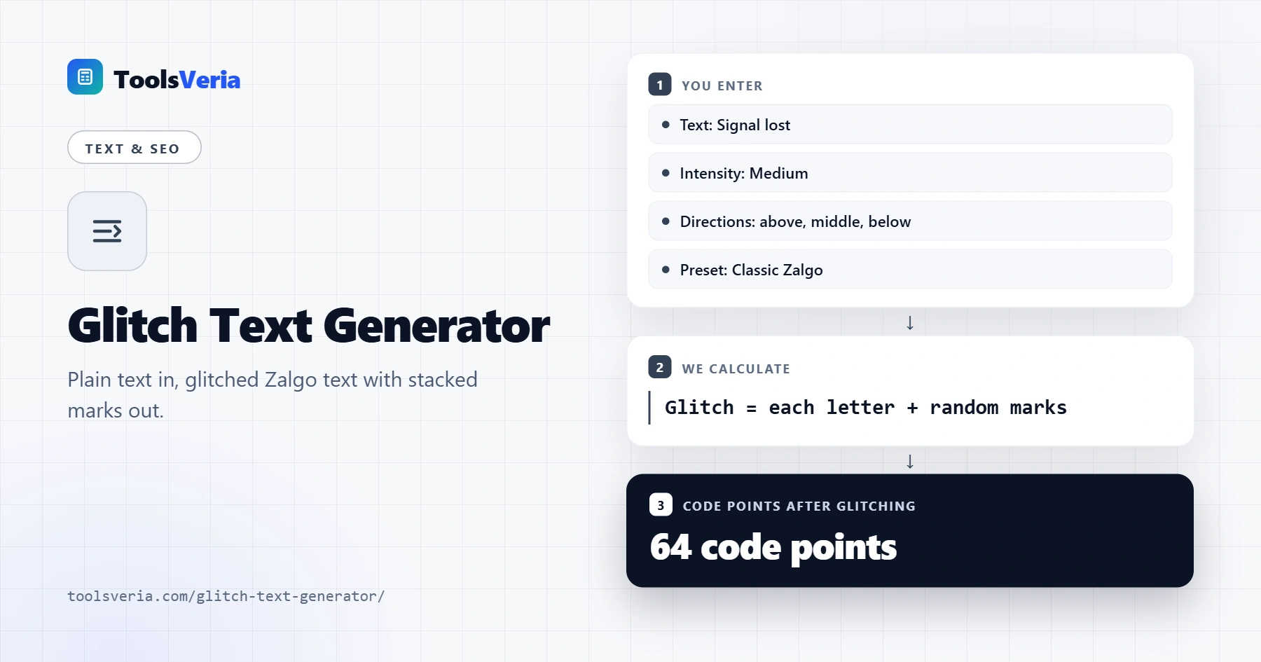 Glitch text generator showing Zalgo text with intensity, direction, presets, a 14 style gallery and a glitch text cleaner